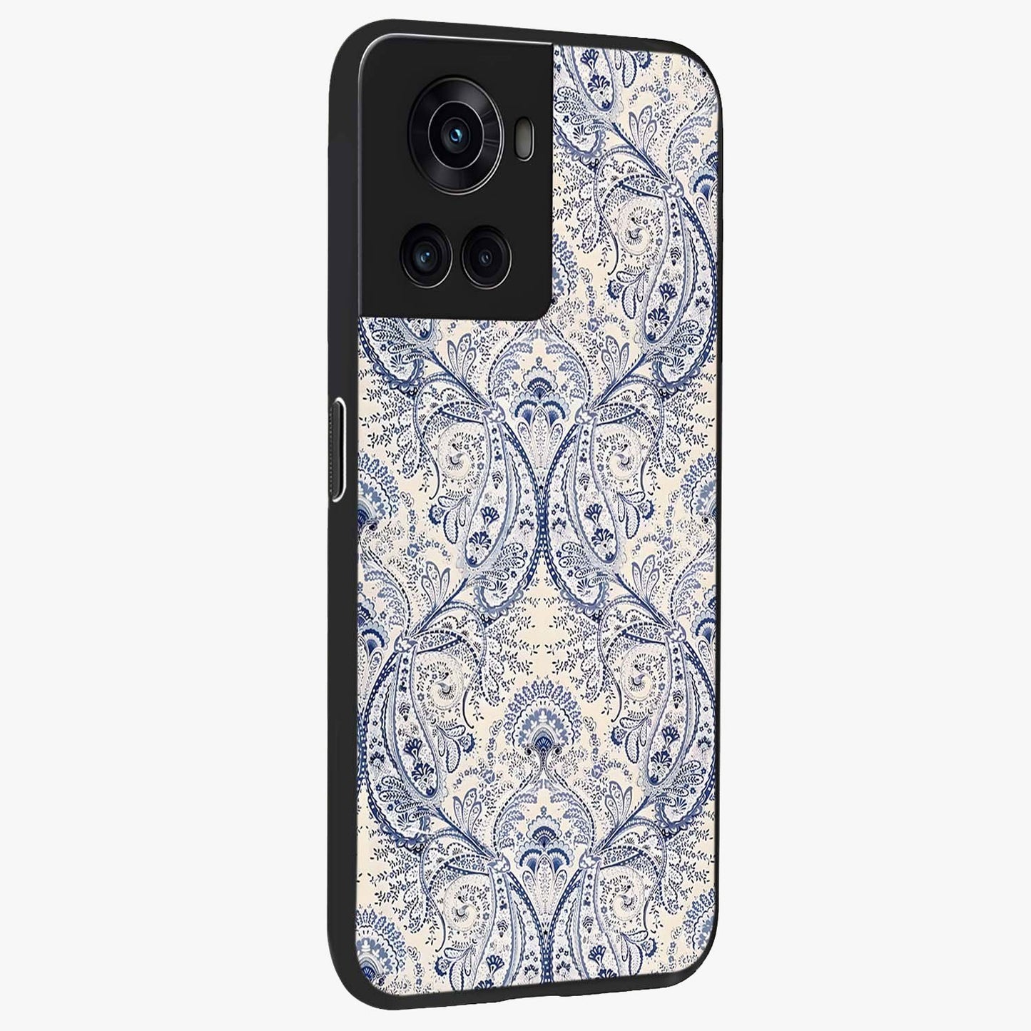 Blue Paisley Bloom Glass Case for 1+10R side perspective highlighting elegant paisley textures and premium build