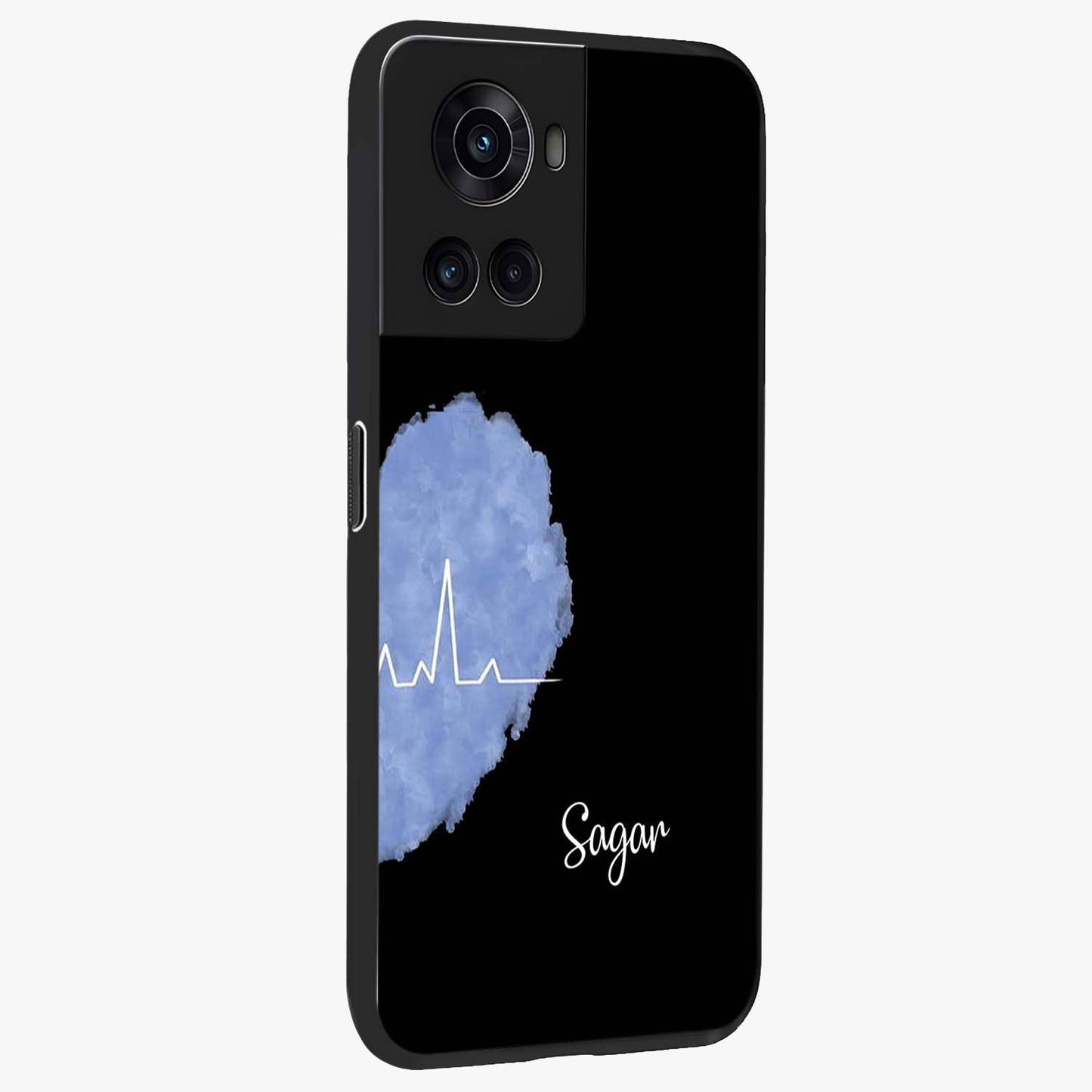 Blue Pulse Bond Glass Case for 1+10R side perspective highlighting sleek edges and modern blue detailing