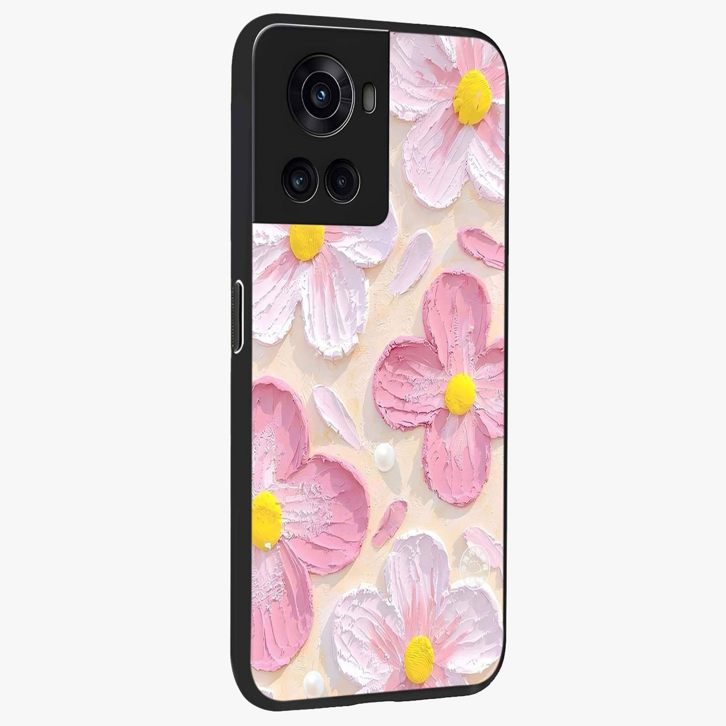 Blush Bloom Texture Glass Case for 1+10R side perspective highlighting rich floral textures and smooth edges