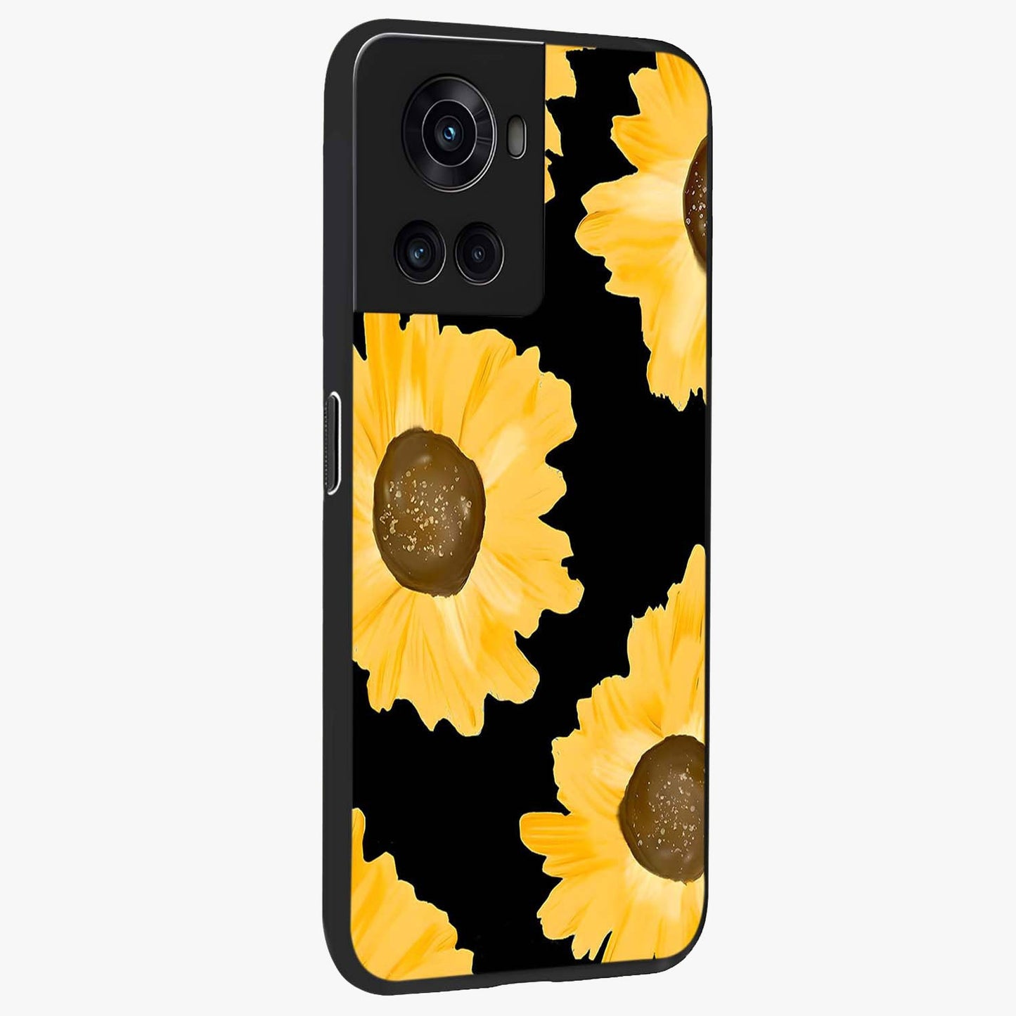 Bold Sunflowers Glow Glass Case for 1+10R side perspective highlighting rich yellow hues and premium edge finish