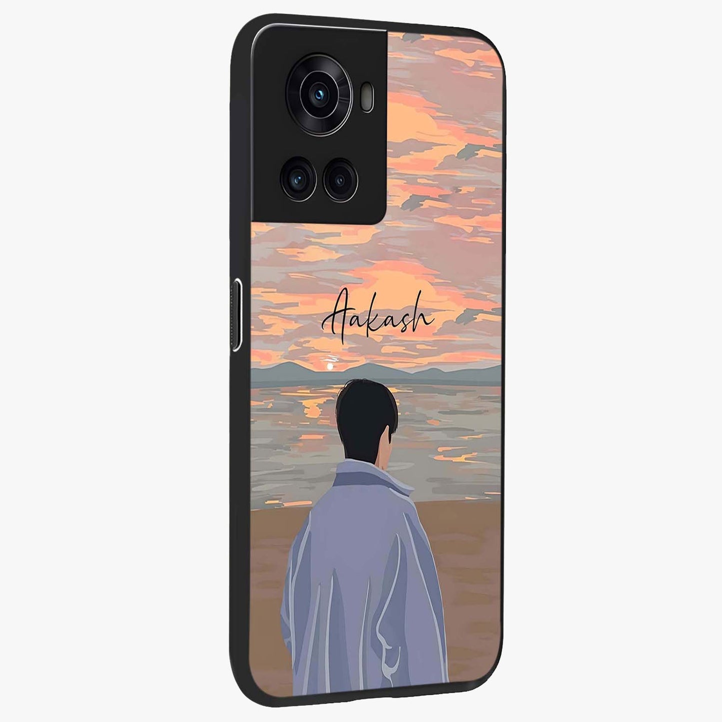 Boy Facing Sunset Beach Glass Case for 1+10R side perspective highlighting calming sunset gradients and smooth edges