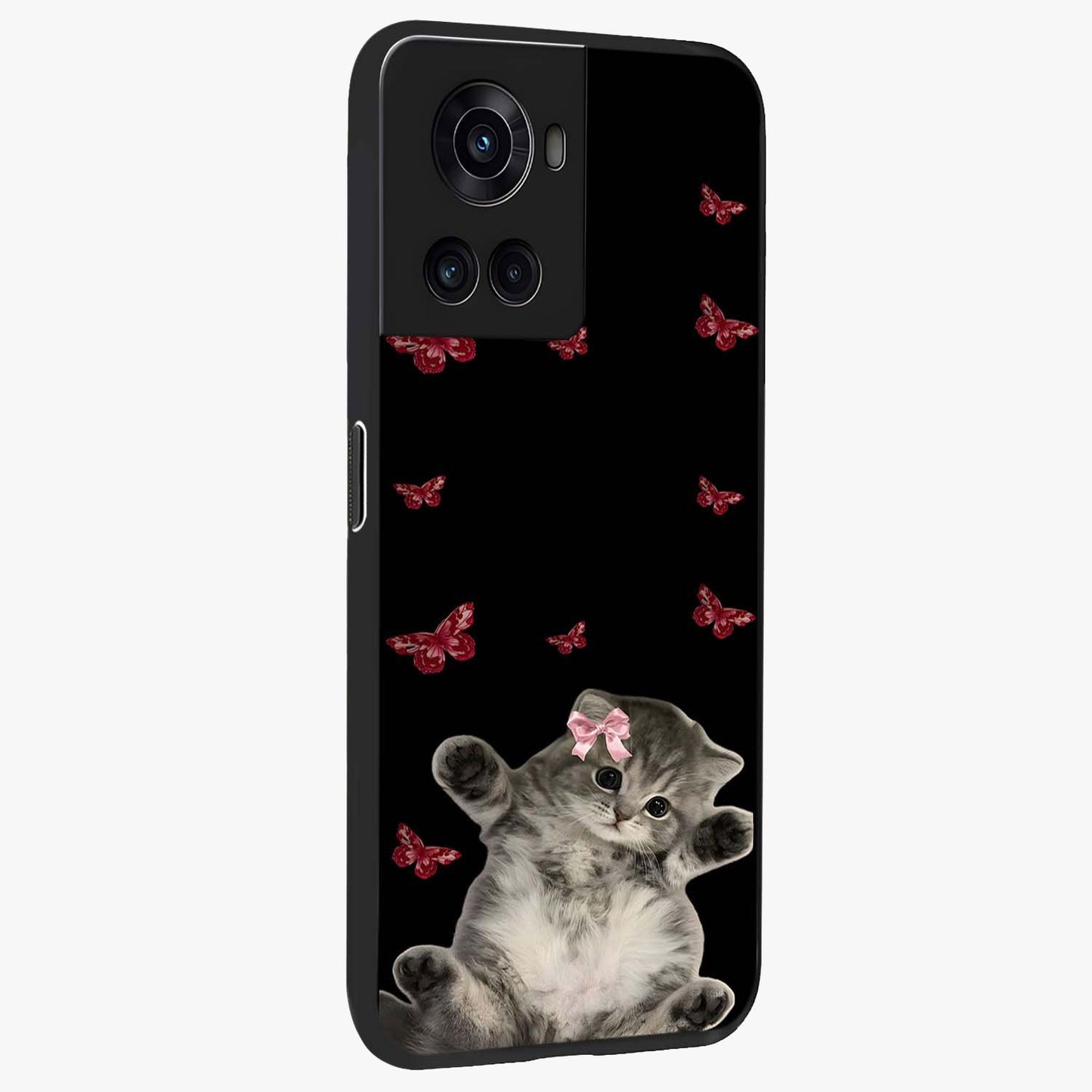 Butterfly Cat Bliss Glass Case for 1+10R side perspective highlighting delicate butterfly detailing and smooth edges