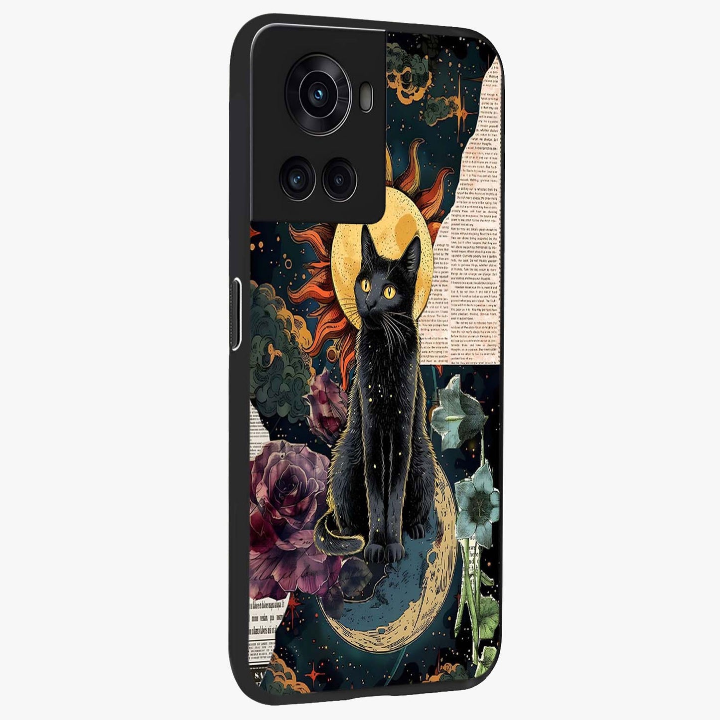 Celestial Black Cat Glass Case for 1+10R side perspective highlighting dark cosmic tones and premium edges