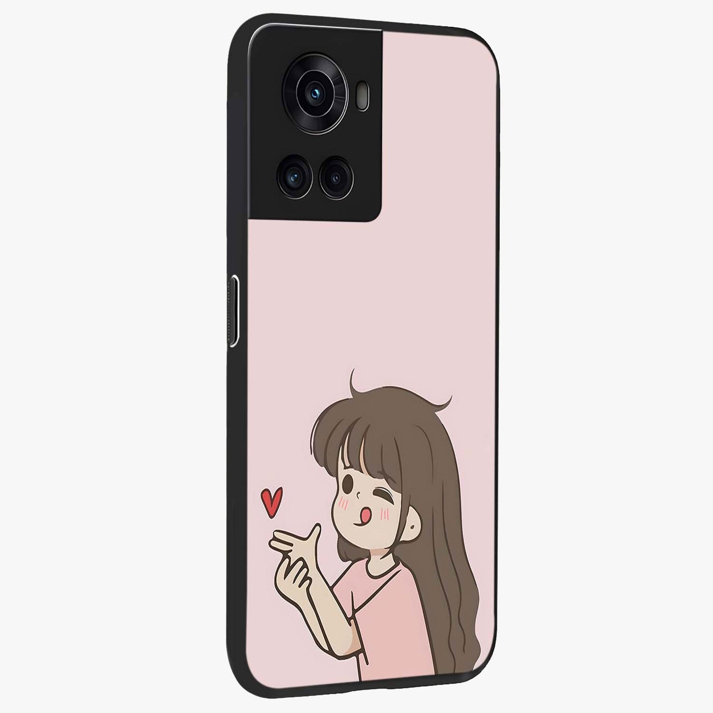 Cute Kiss Heart Glass Case for 1+10R side perspective highlighting delicate heart detailing and premium edge finish