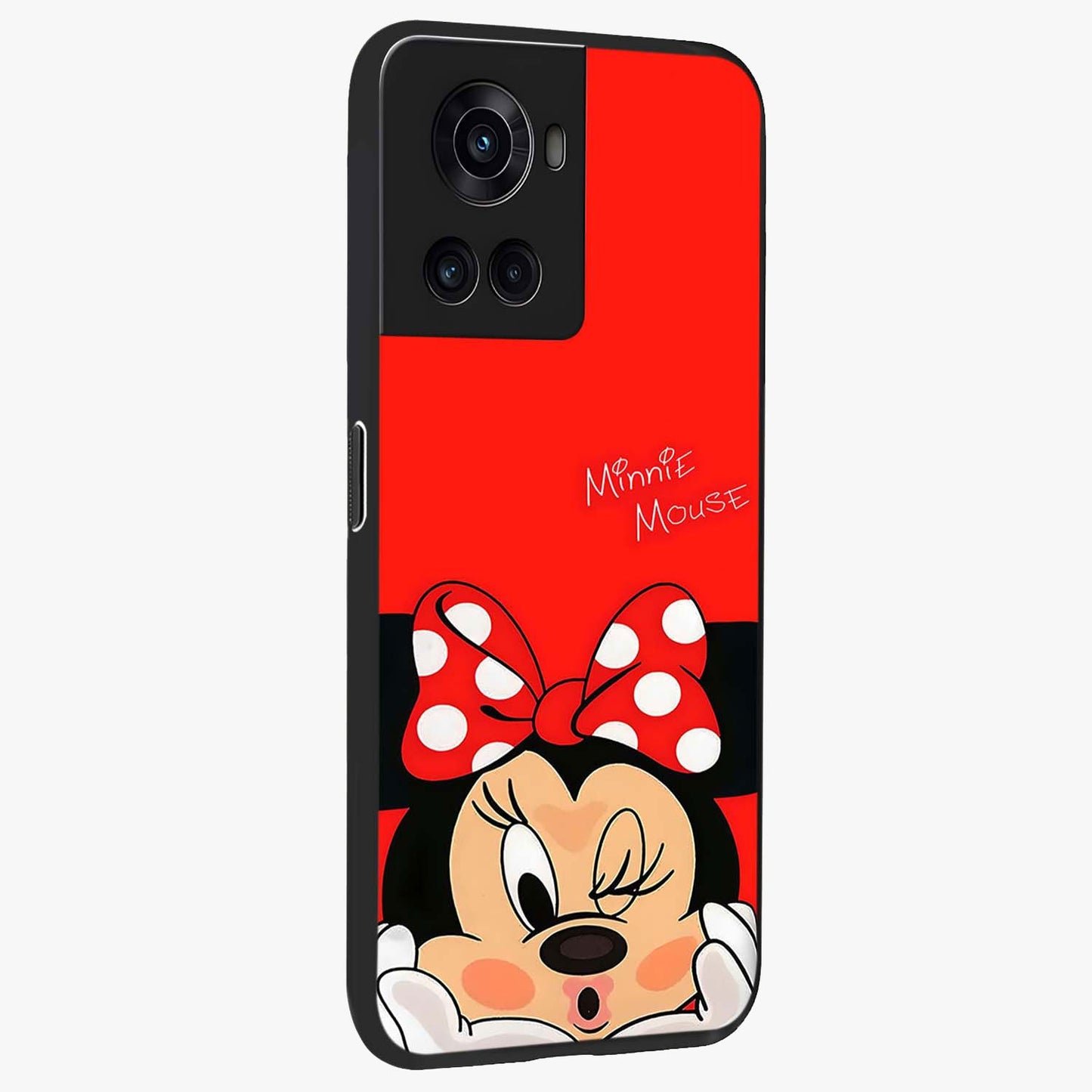 Cute Minnie Love Glass Case for 1+10R side perspective highlighting cute illustration textures and smooth premium edges