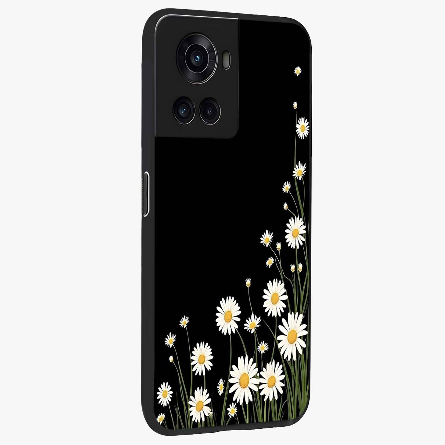 Daisy Cascade on Black Glass Case for 1+10R side perspective highlighting delicate daisy detailing and smooth edges