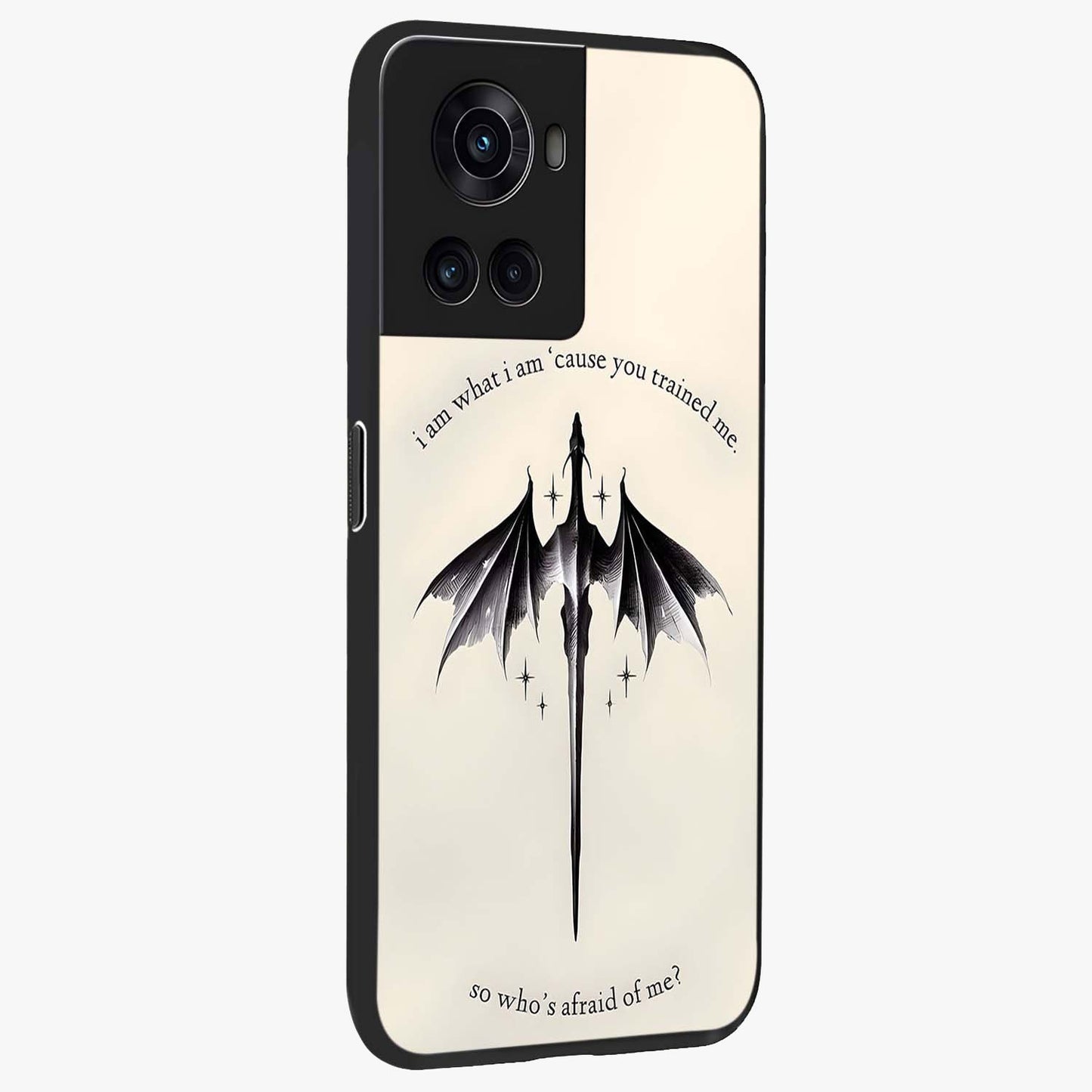 Dragon Quote Art Glass Case for 1+10R side perspective highlighting intricate dragon textures and sleek build