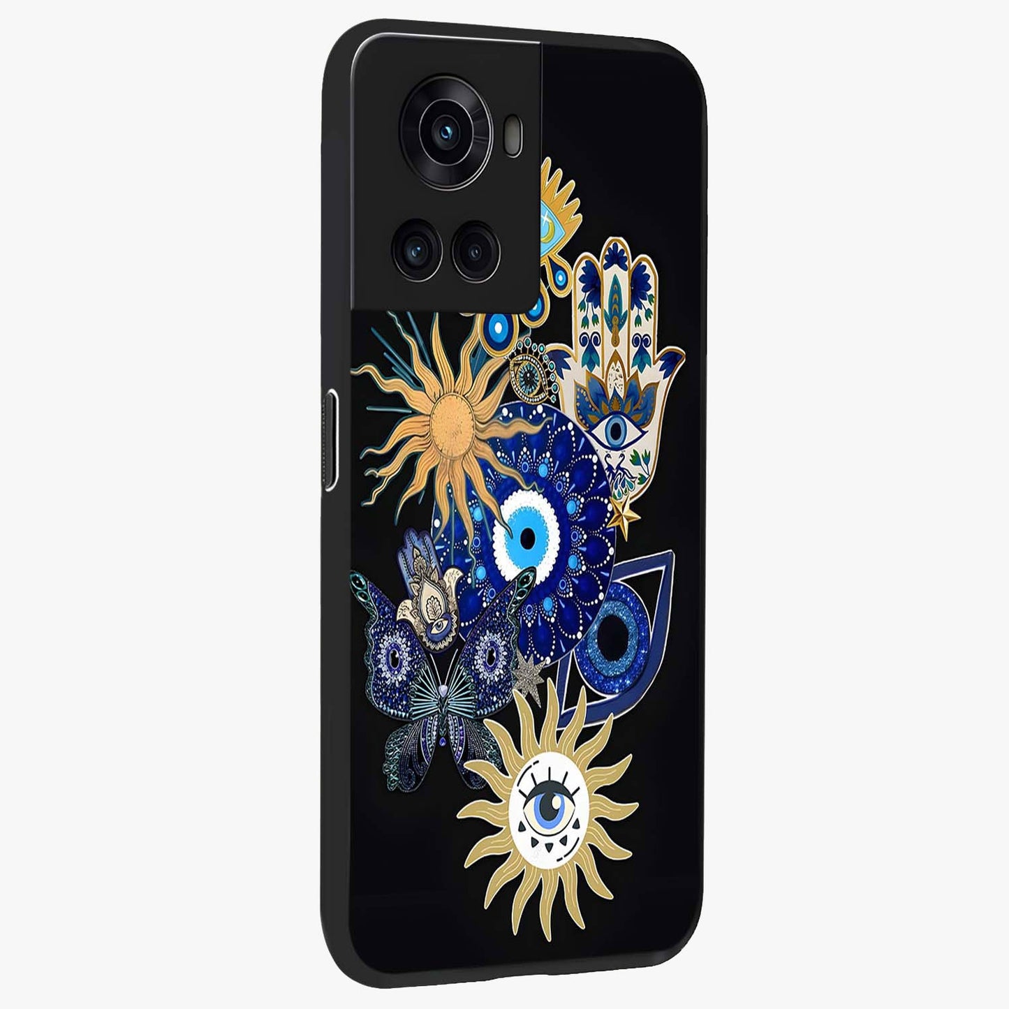 Evil Eye Charm Vibes Glass Case for 1+10R side perspective highlighting vibrant textures and premium edge finish
