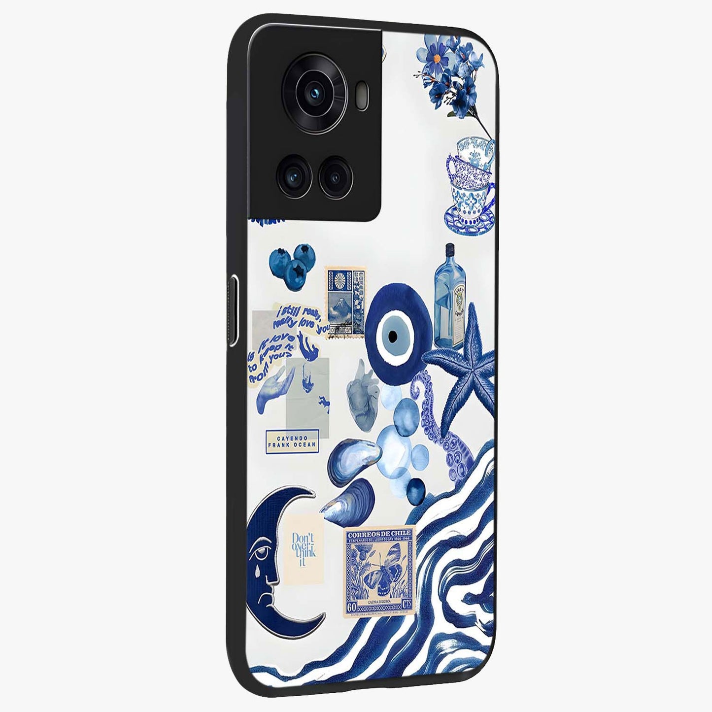 Evil Eyes Dark Blue Glass Case for 1+10R side perspective highlighting intense blue detailing and premium build