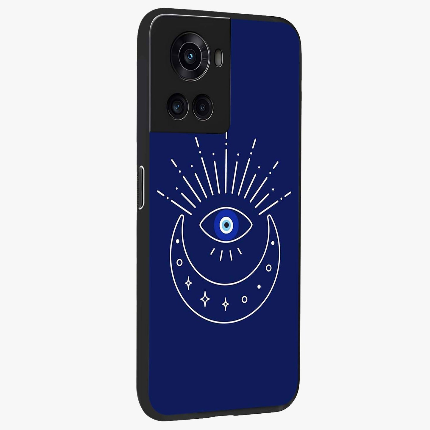 Evil Eye With Blue Themed Collage Glass Case for 1+10R side perspective highlighting bold collage detailing and smooth edges