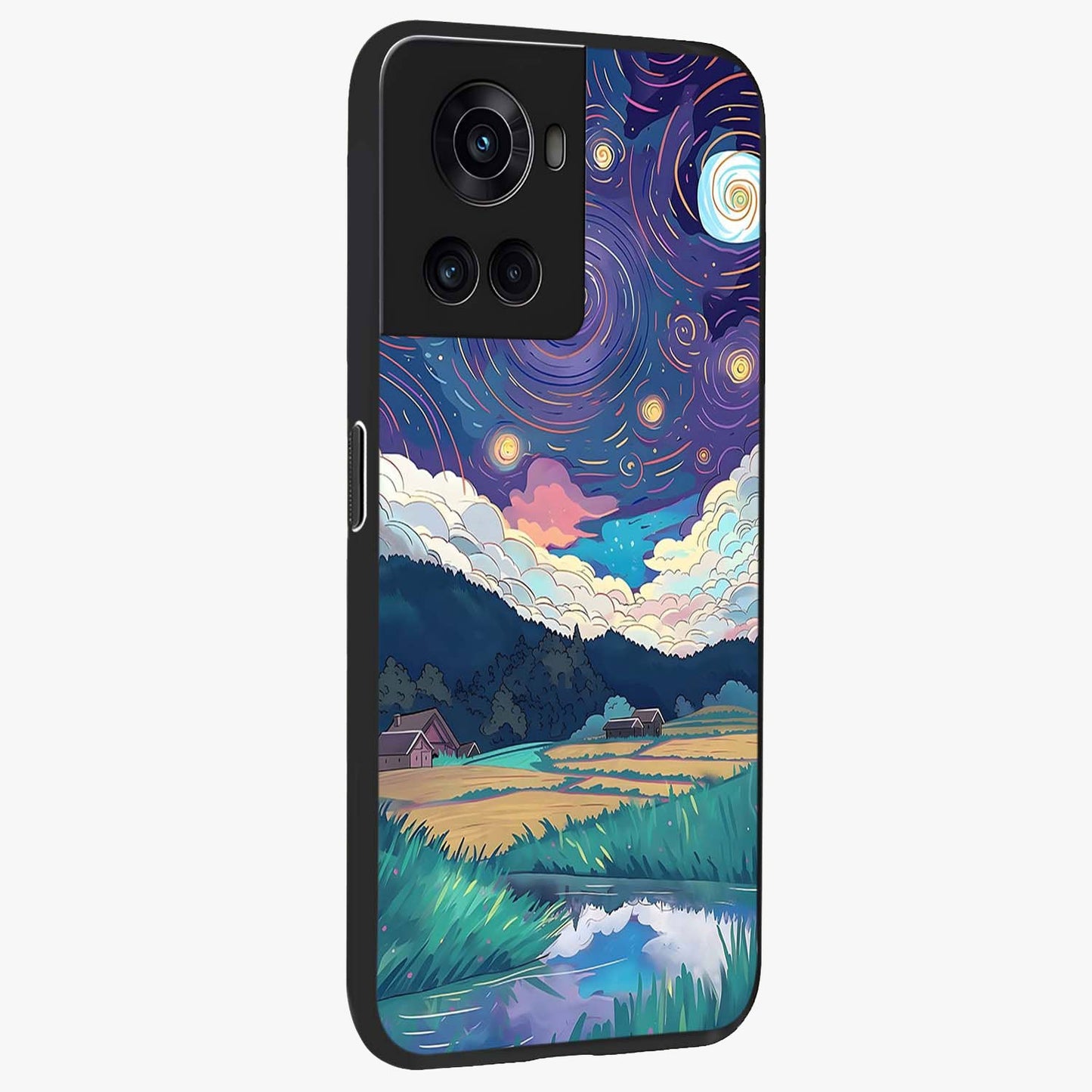 Fields Beneath the Cosmos Glass Case for 1+10R side perspective highlighting serene landscape textures and premium edges