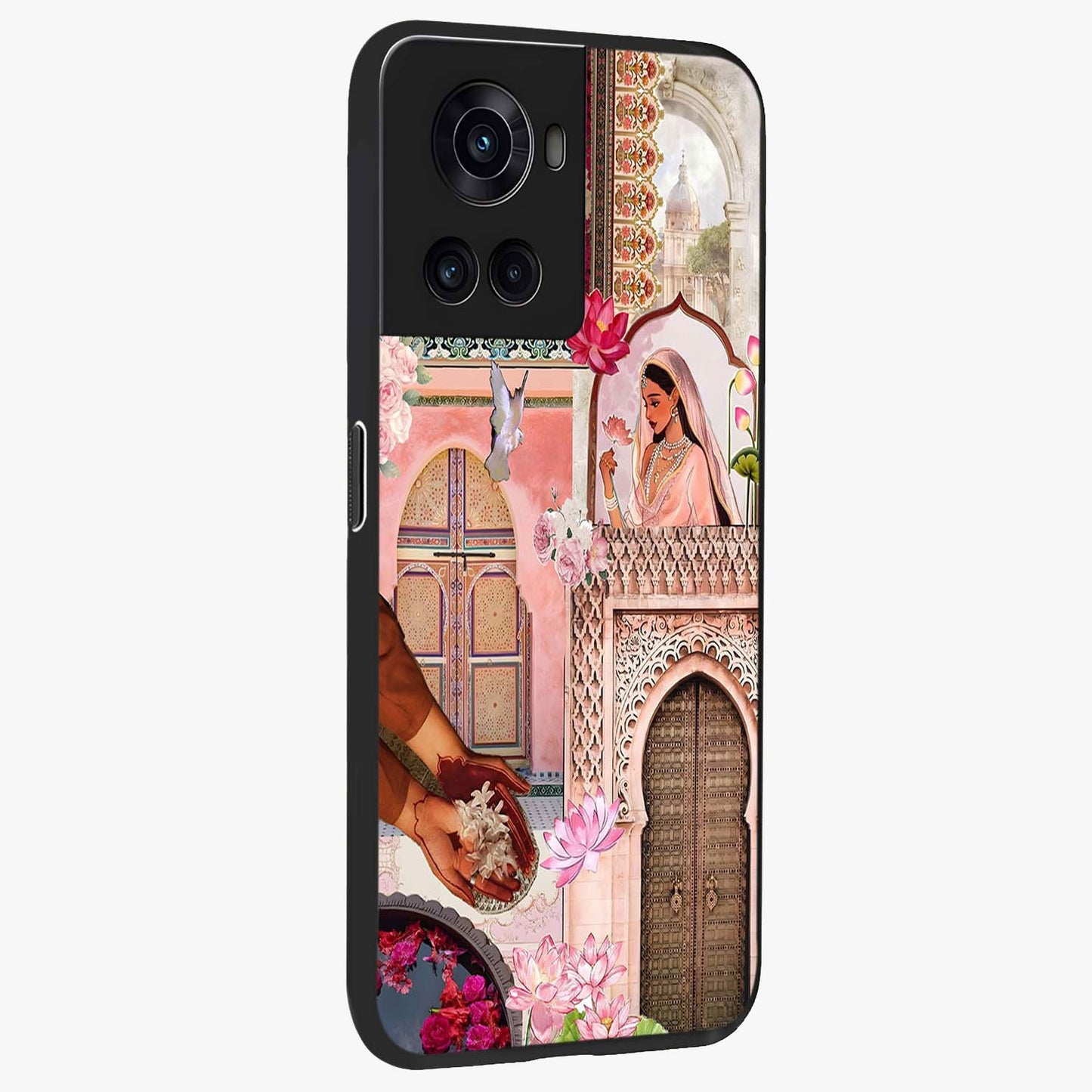 Floral Courtyard Muse Glass Case for 1+10R side perspective highlighting refined floral textures and smooth build