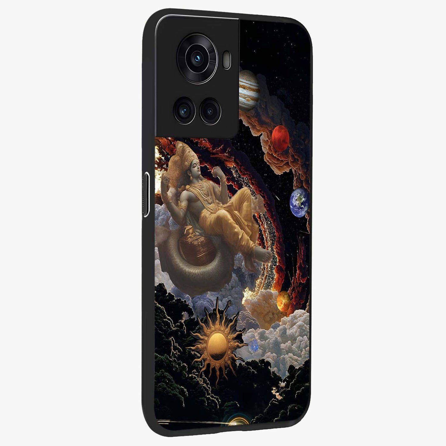 Galactic Divine God Glass Case for 1+10R side perspective highlighting intricate divine detailing and premium edge finish