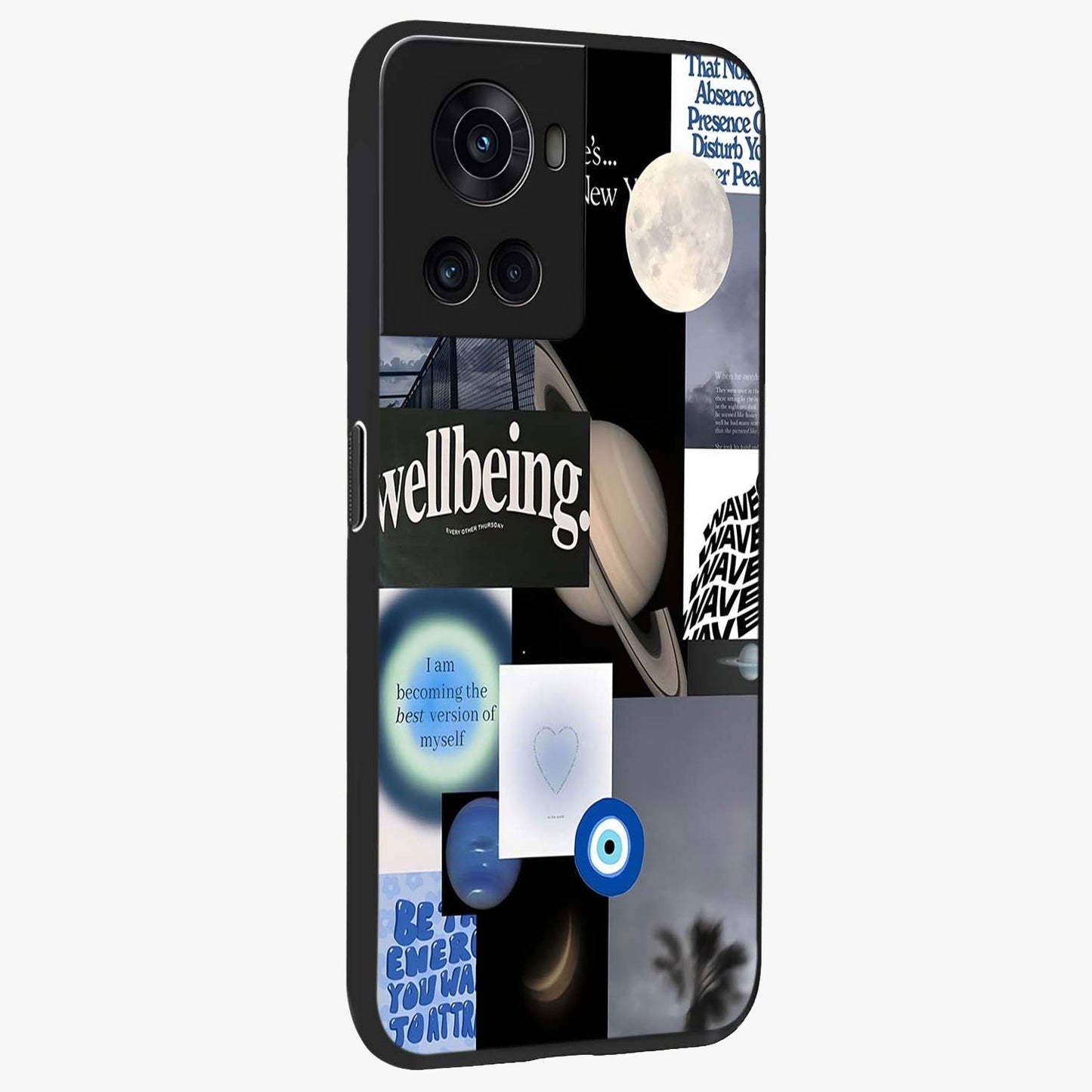 Galactic Energy Collage Glass Case for 1+10R side perspective highlighting bold abstract detailing and sleek build