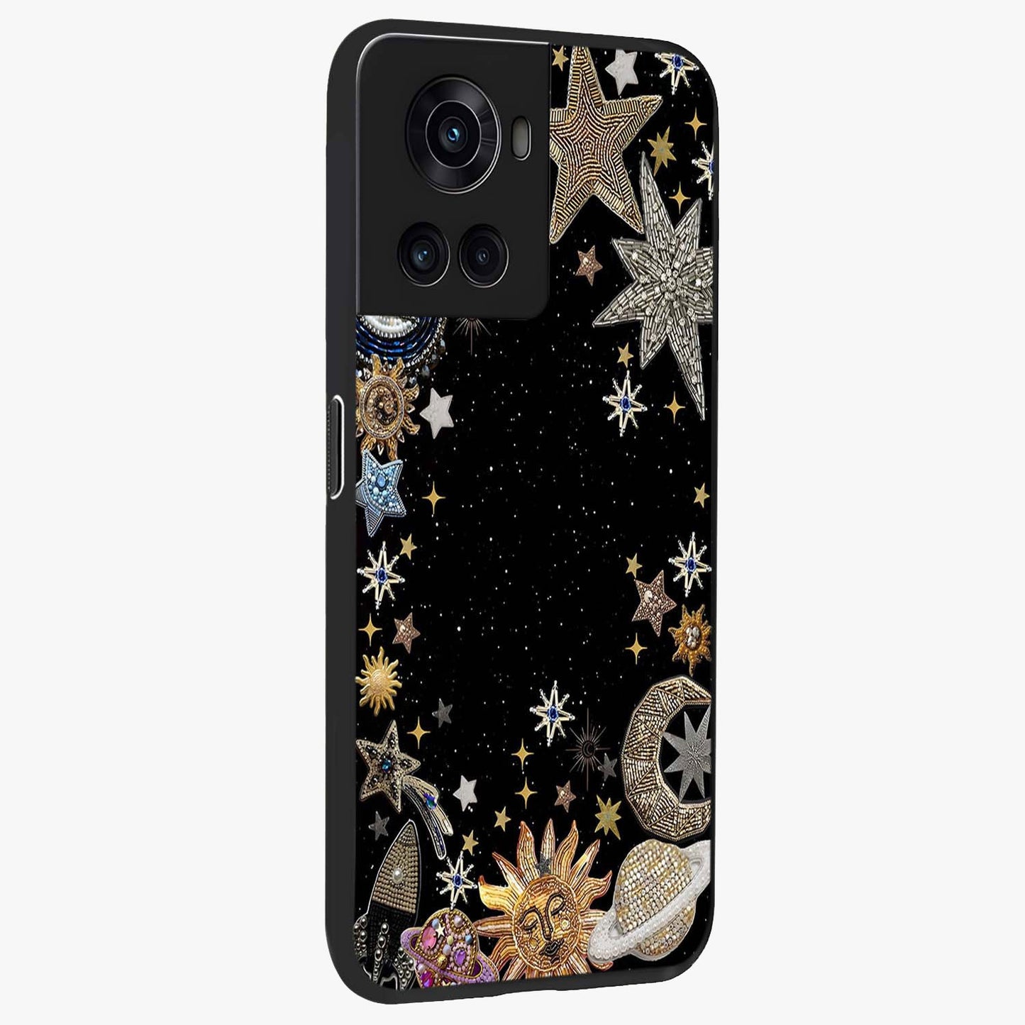 Galactic Jewel Stars Glass Case for 1+10R side perspective highlighting shimmering textures and premium edges