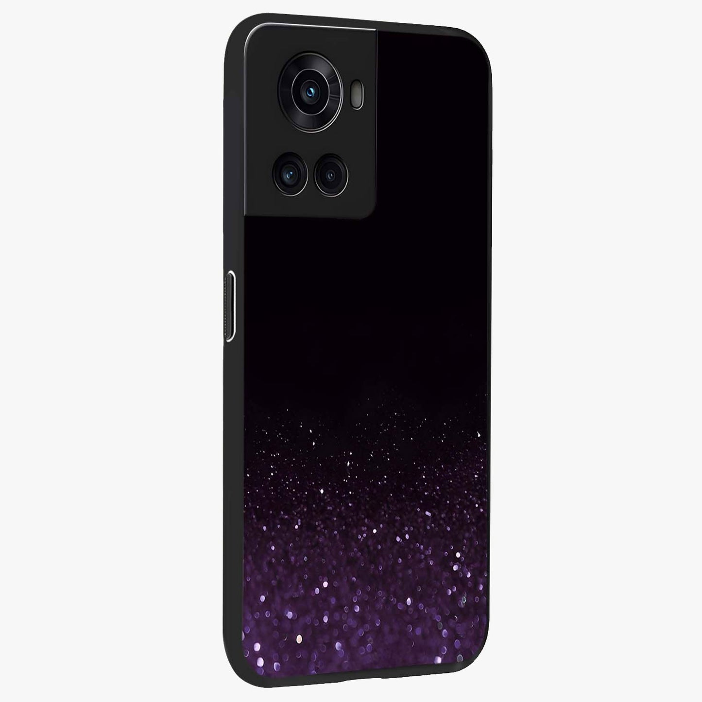 Glittery Purple Bokeh Glass Case for 1+10R side perspective highlighting glowing textures and sleek premium edges