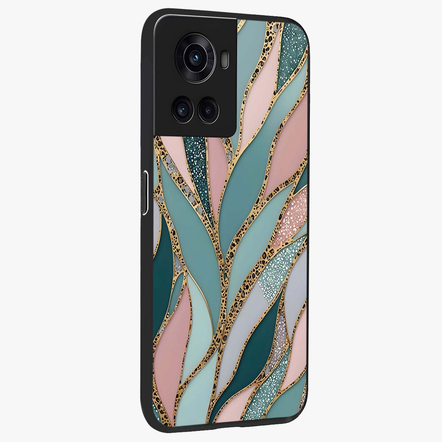 Golden Lotus Glow Glass Case for 1+10R side perspective highlighting intricate lotus detailing and premium edge finish