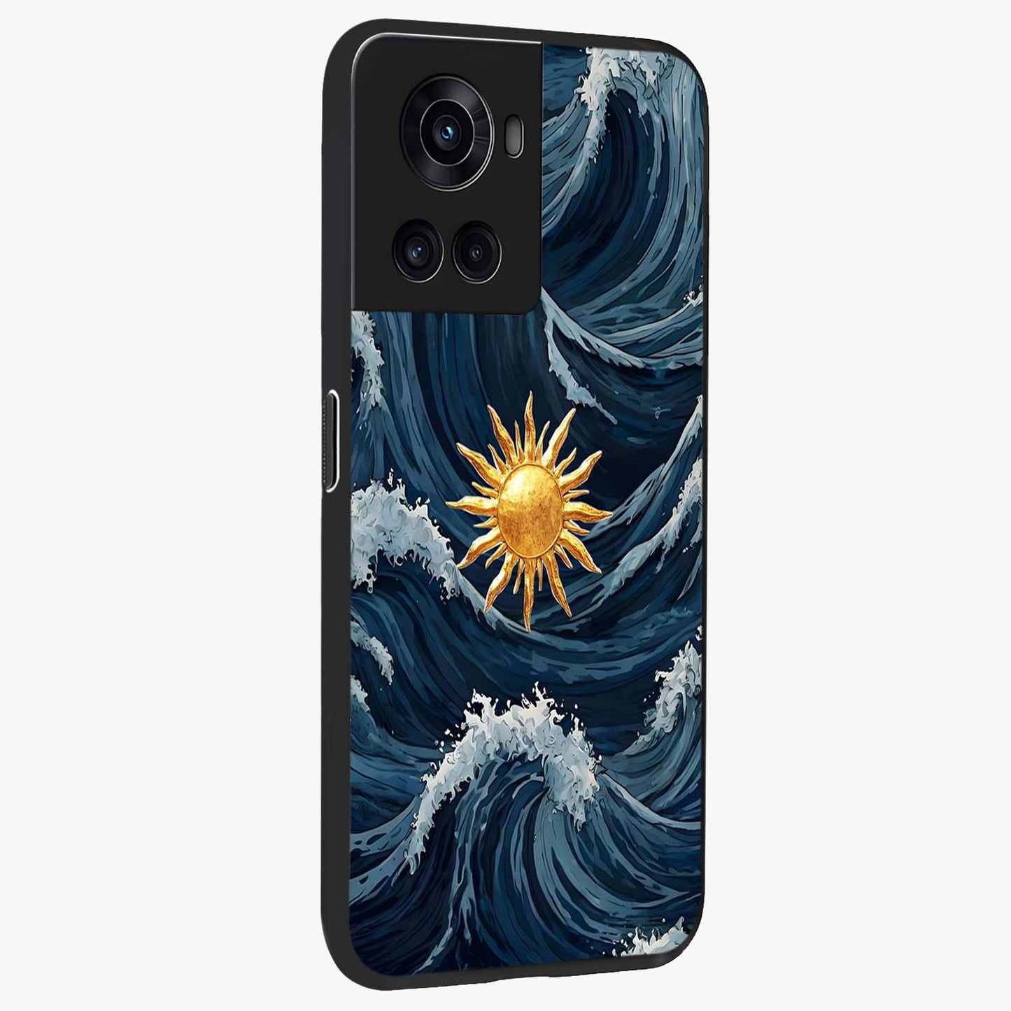 Gold Sun Blush Glass Case for 1+10R side perspective highlighting radiant textures and smooth premium build