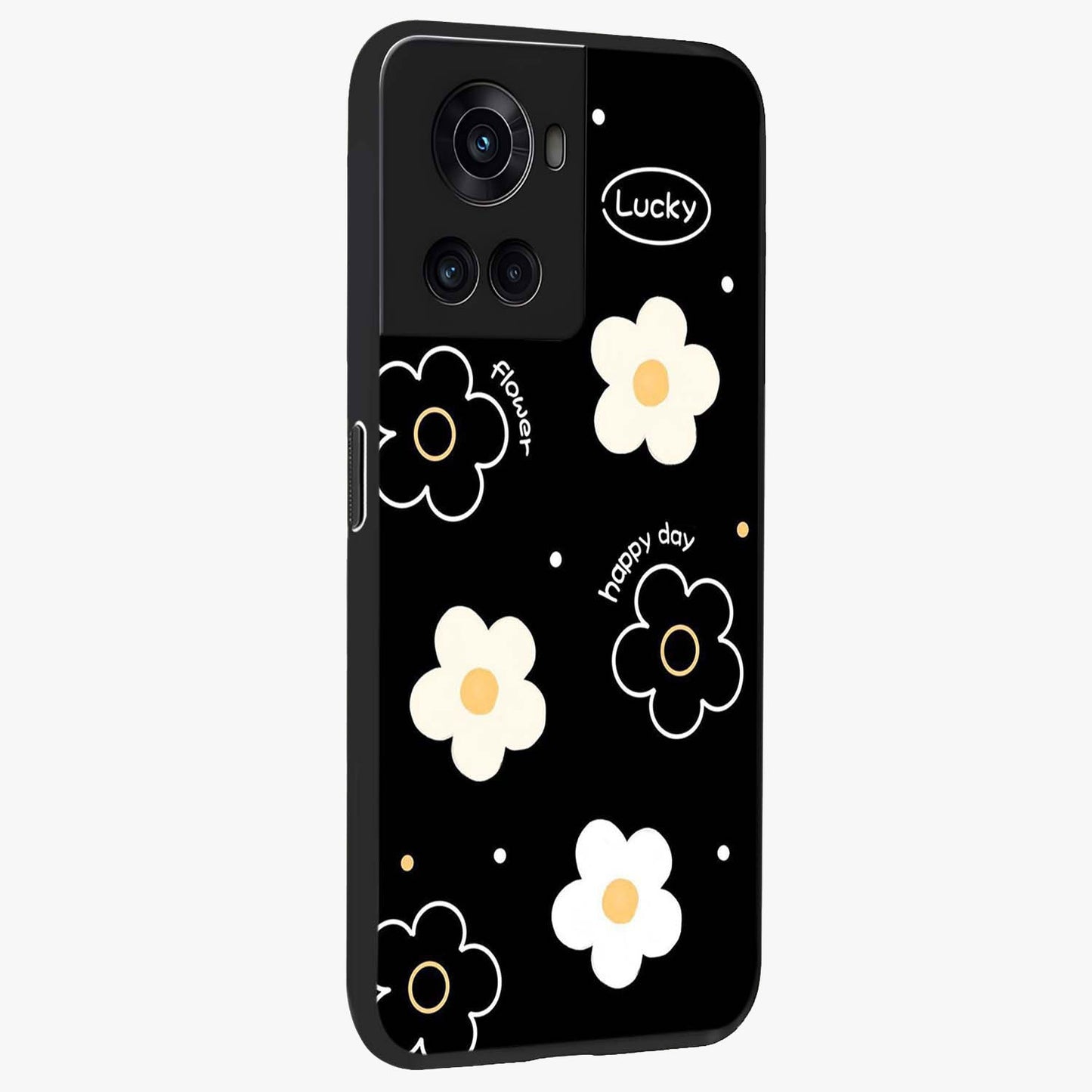 Happy Day Daisy Glass Case for 1+10R side perspective highlighting fresh floral textures and premium edges