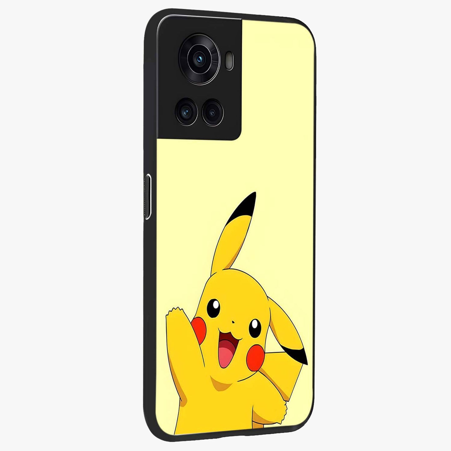 Happy Electric Pikachu Glass Case for 1+10R side perspective highlighting lively character detailing and sleek build