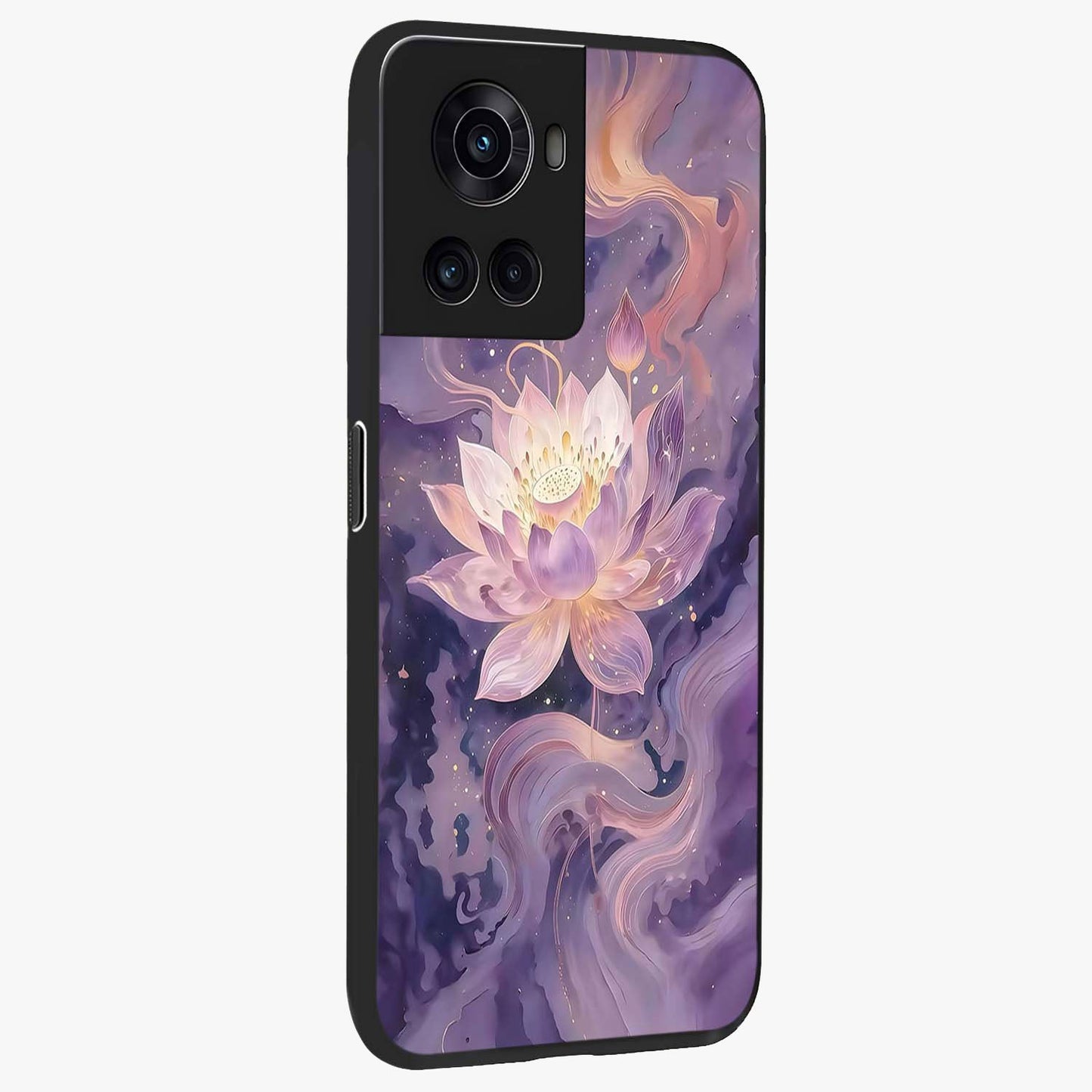 Lavender Lotus Muse Glass Case for 1+10R side perspective highlighting serene lotus textures and premium edges