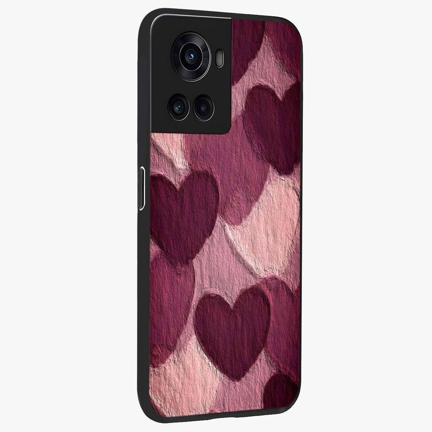 Layered Paper Hearts Glass Case for 1+10R side perspective highlighting layered texture detailing and premium edges
