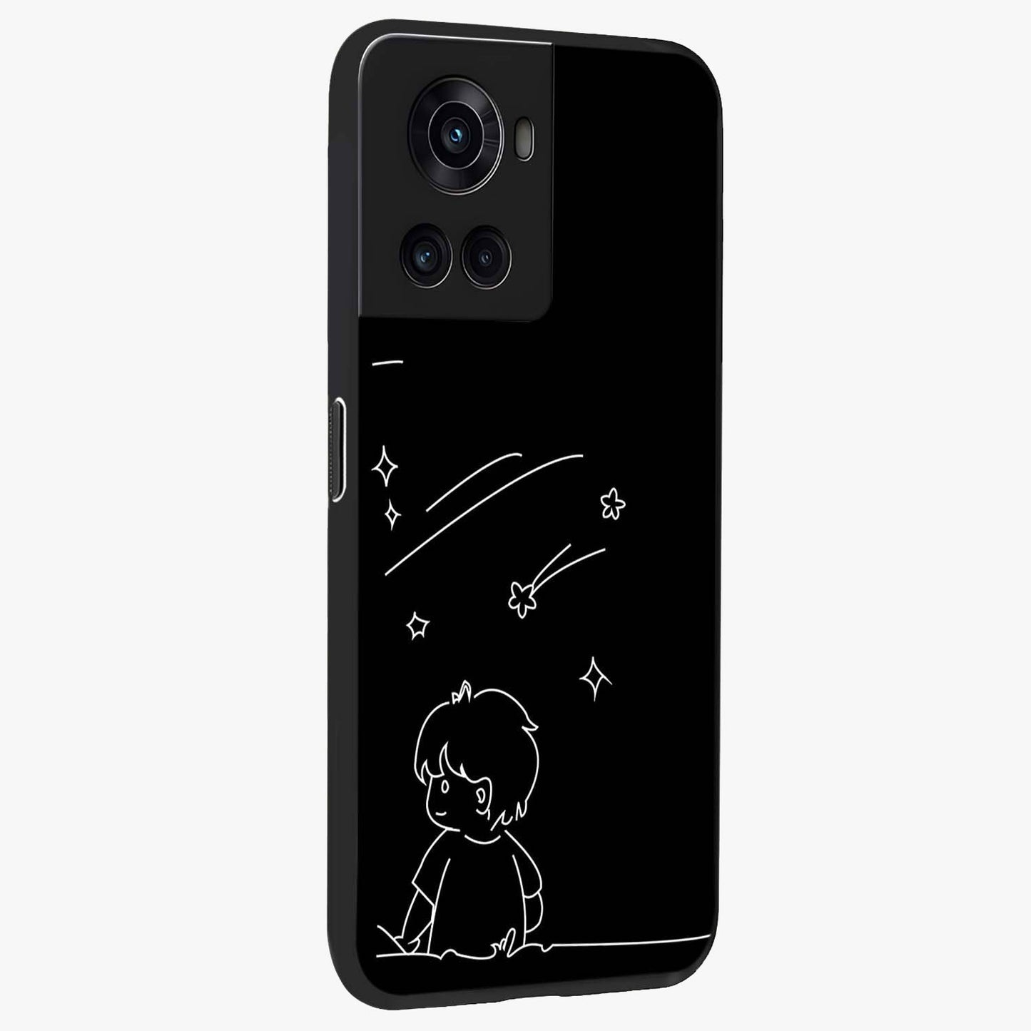 Line Art Boy With Shooting Stars Glass Case for 1+10R side perspective highlighting delicate line textures and smooth edges