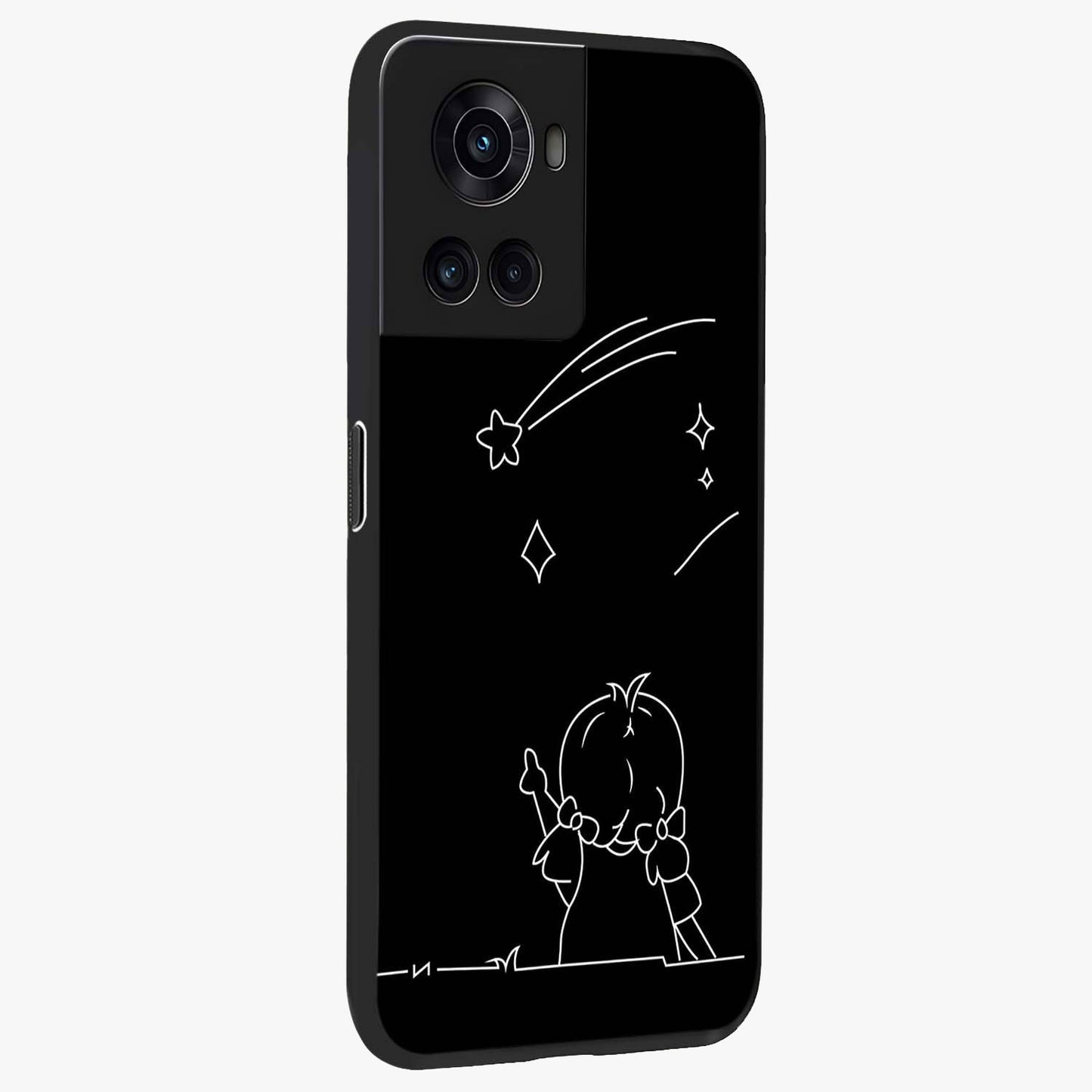 Line Art Girl With Shooting Stars Glass Case for 1+10R side perspective highlighting subtle star textures and premium build
