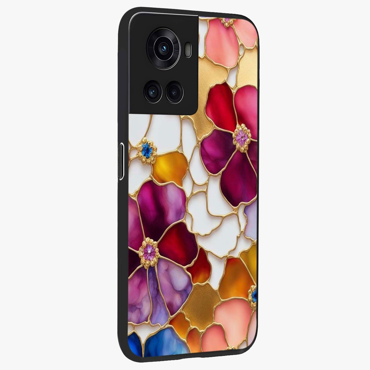 Marble Flower Pattern Glass Case for 1+10R side perspective highlighting elegant marble textures and sleek build