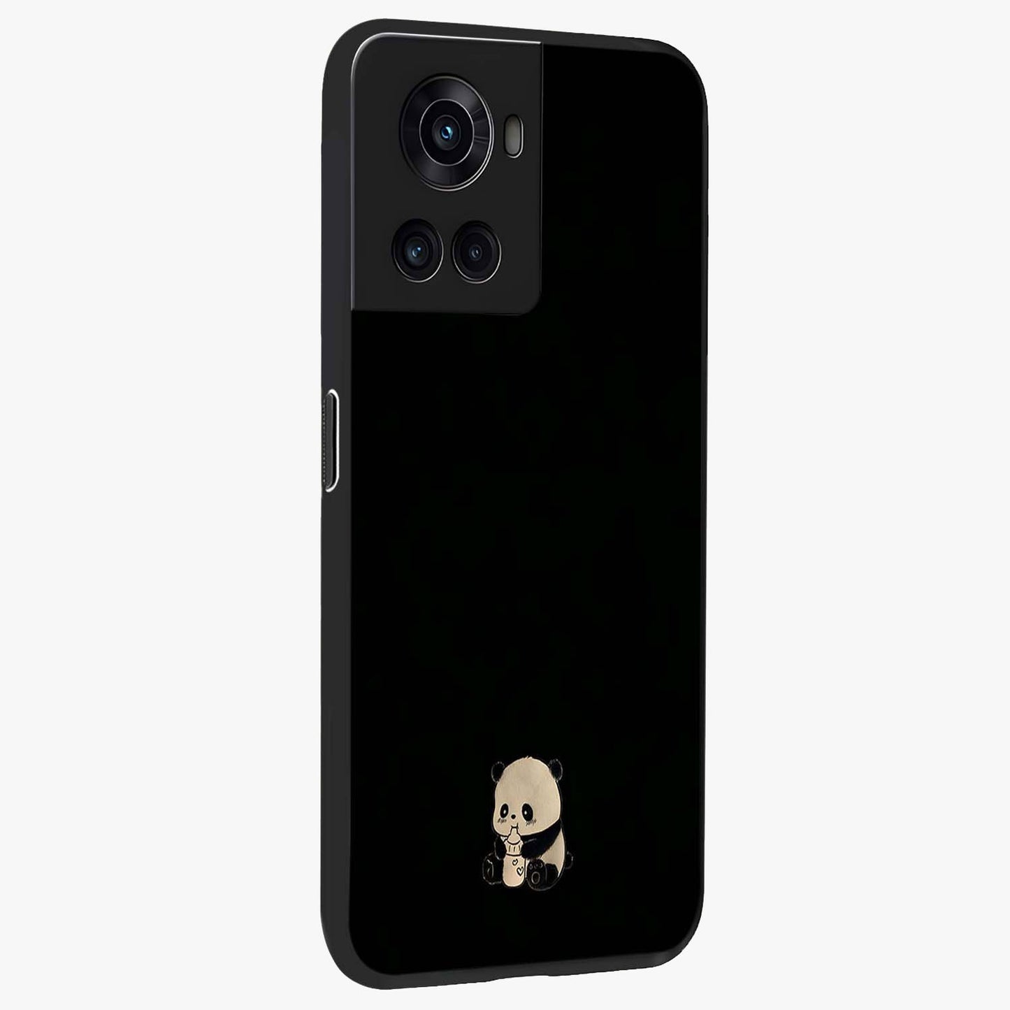 Midnight Panda Love Glass Case for 1+10R side perspective highlighting charming illustration details and premium build
