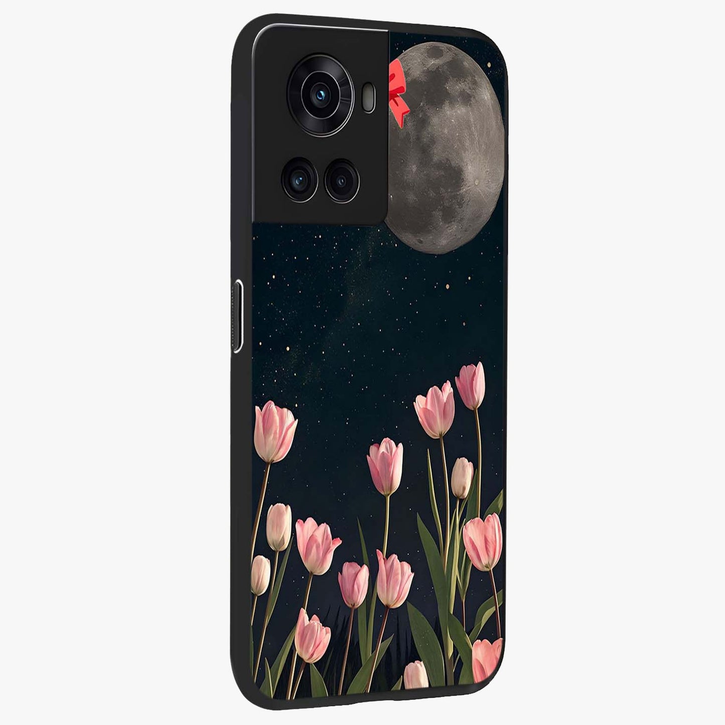 Moonlit Night Tulip Glass Case for 1+10R side perspective highlighting delicate petal textures and sleek build