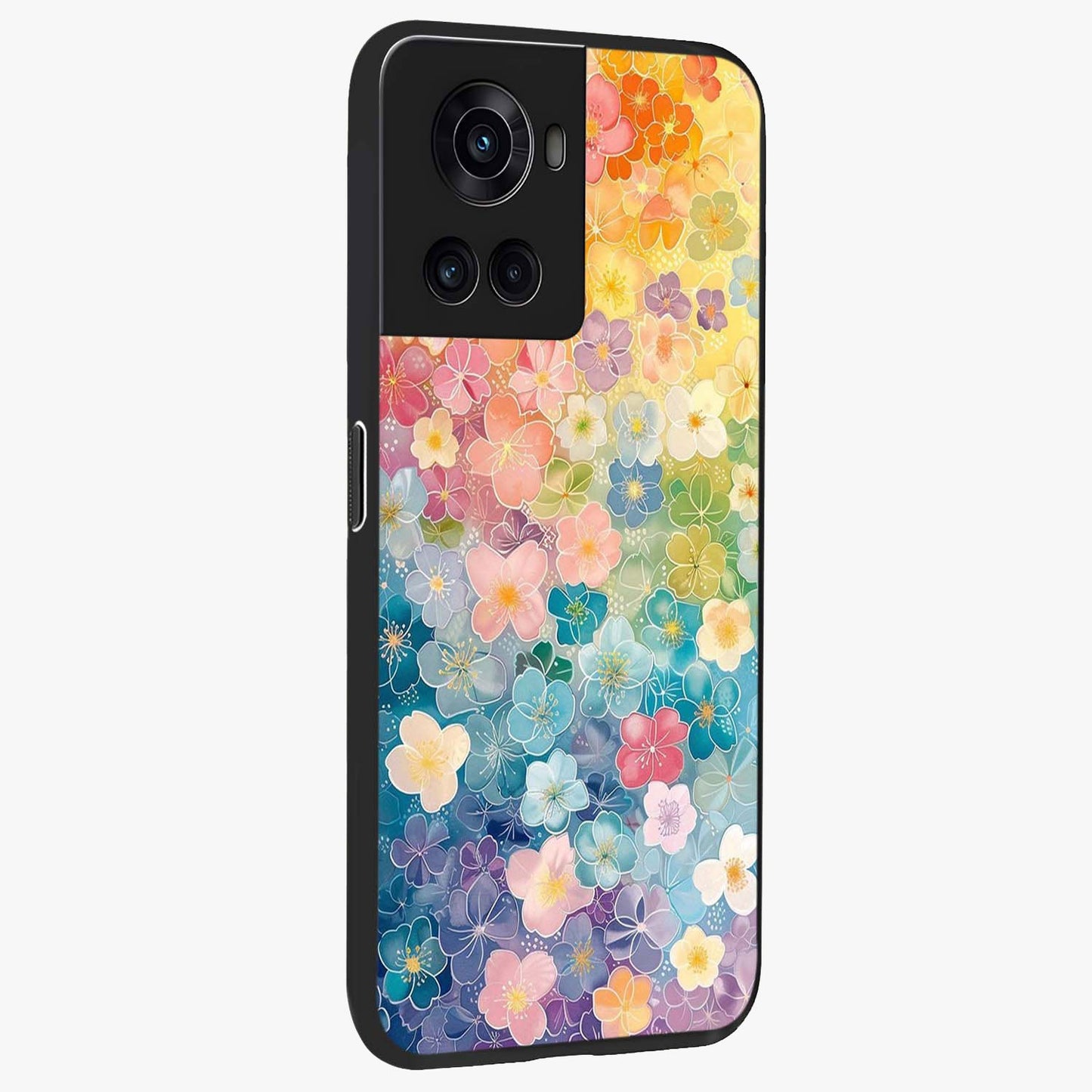 Multiple Background With Flower Glass Case for 1+10R side perspective highlighting rich floral textures and premium edges