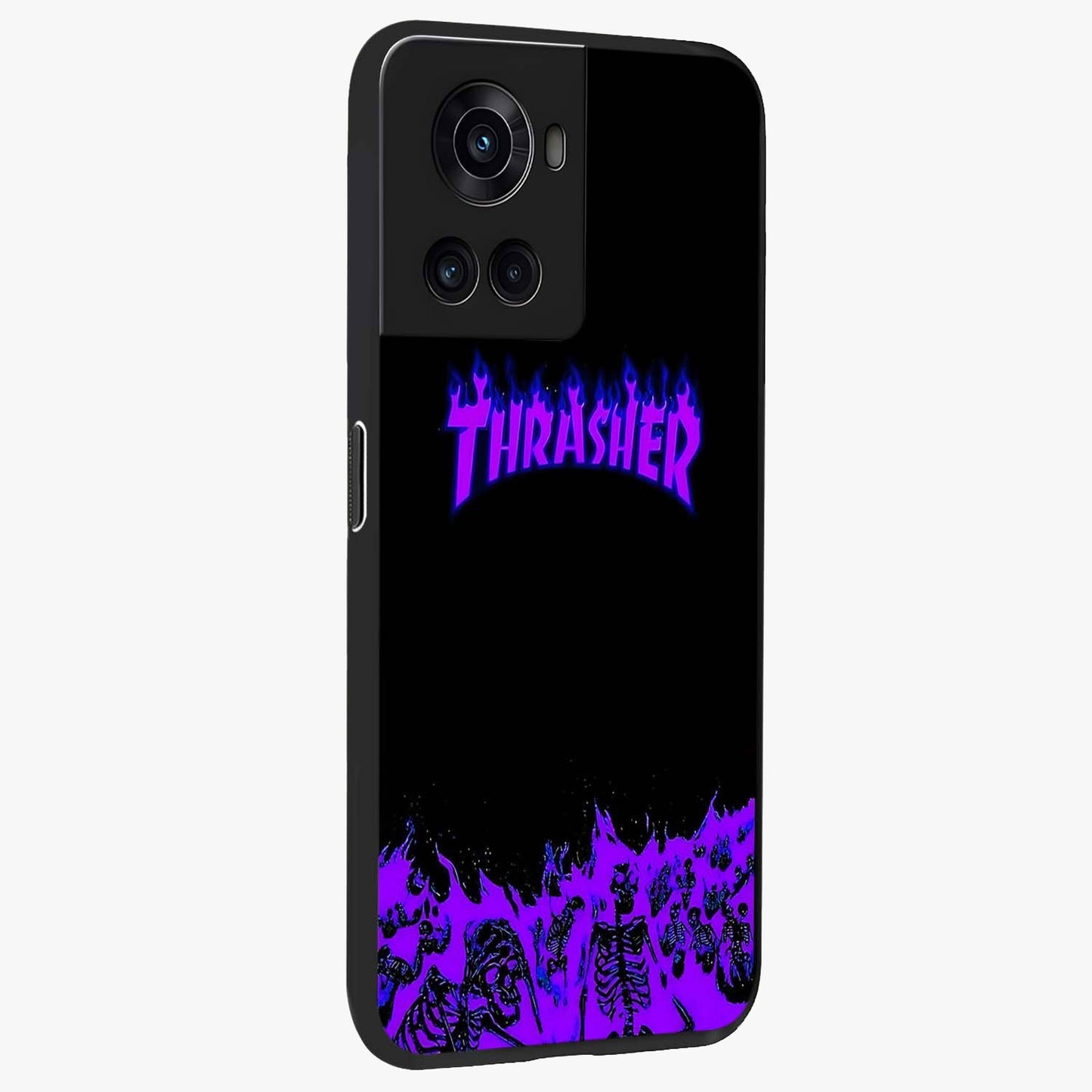 Neon Flame Riot Glass Case for 1+10R side perspective highlighting fiery detailing and sleek premium build