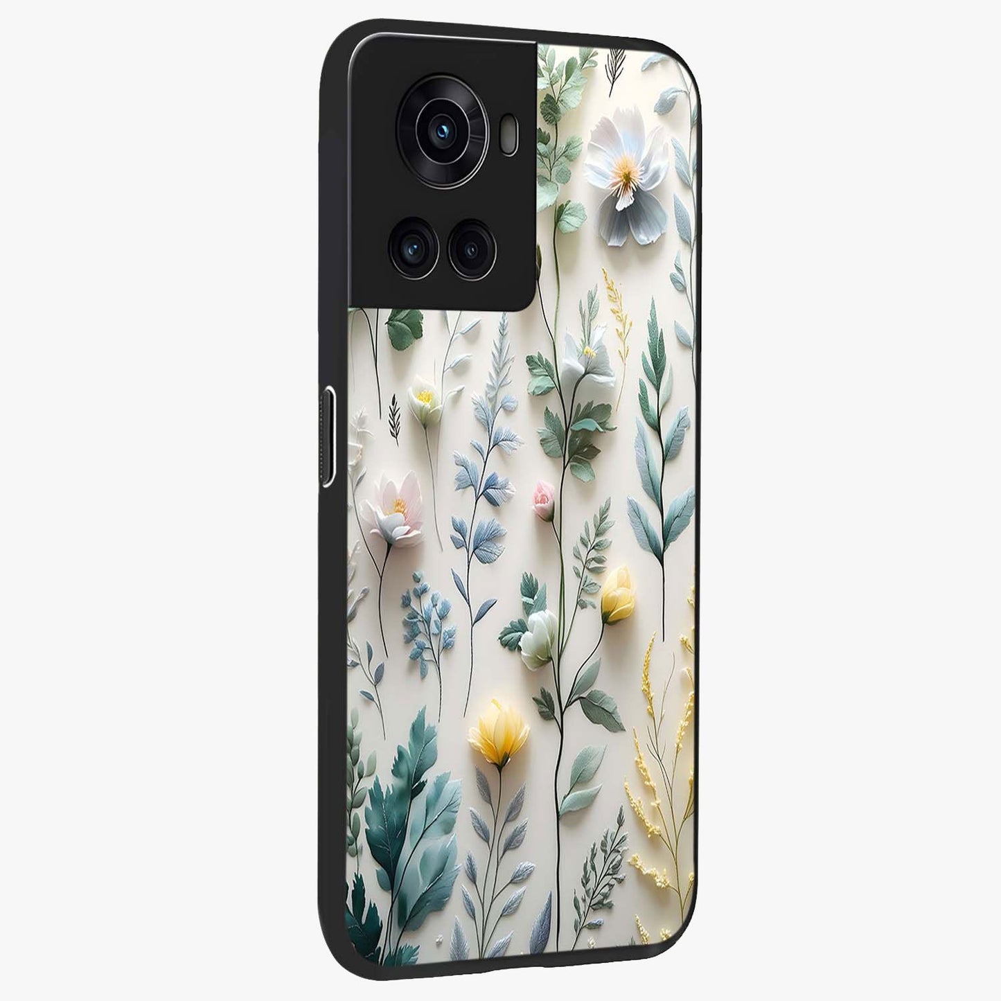 Pastel Garden Whispers Glass Case for 1+10R side perspective highlighting refined textures and smooth build