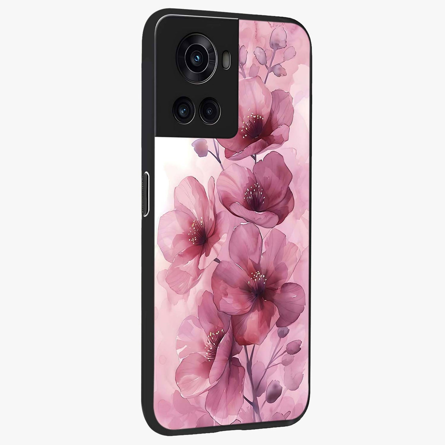 Pink Floral Glass Case for 1+10R side perspective highlighting subtle floral textures and premium edges