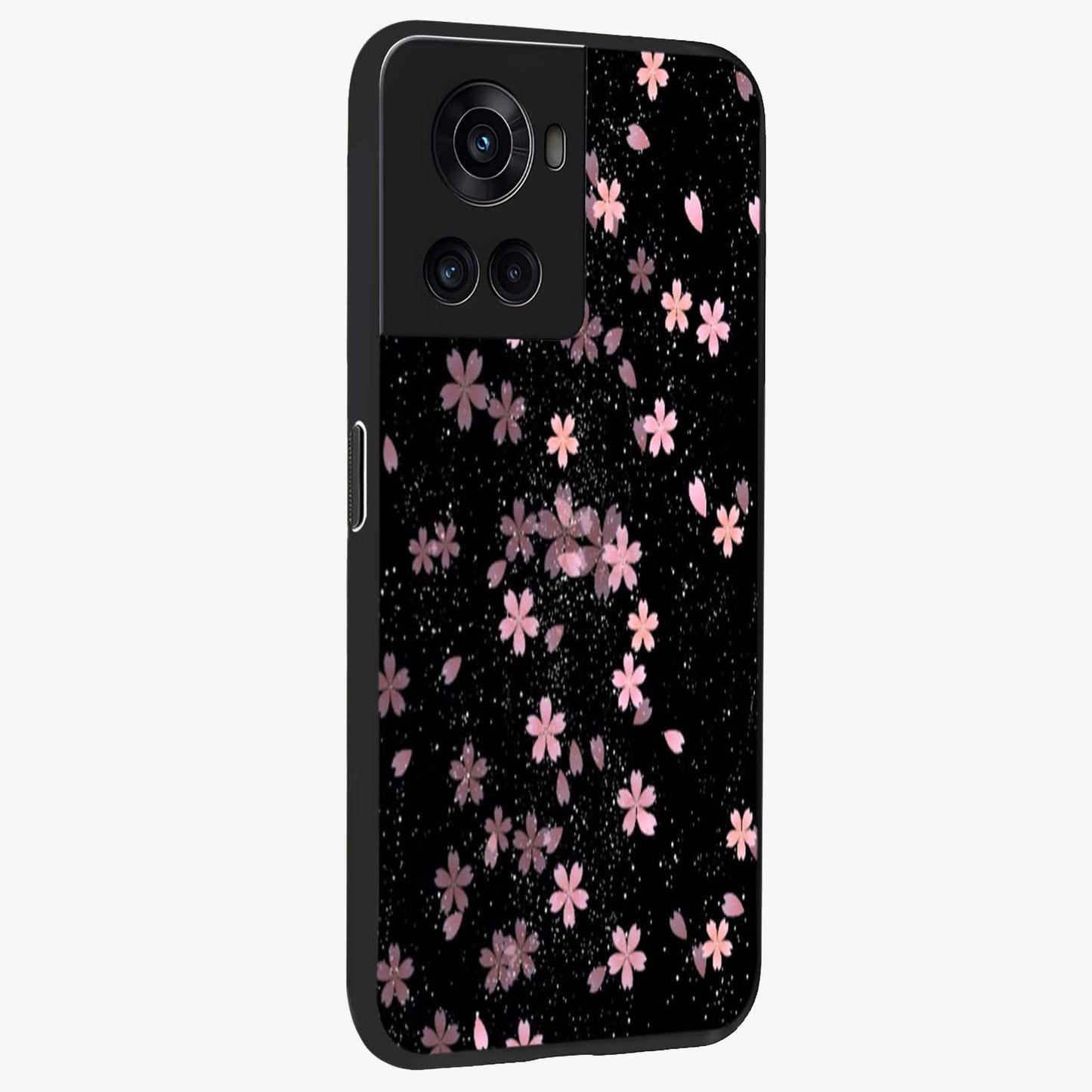 Pink Flower Black Background Glass Case for 1+10R side perspective highlighting vivid bloom textures and sleek build