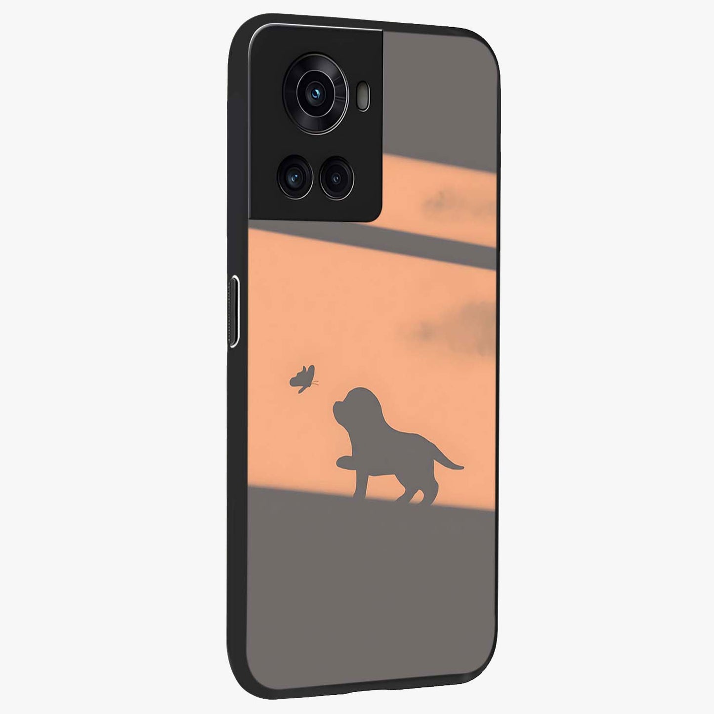 Puppy Shadow Art Glass Case for 1+10R side perspective highlighting cute illustration textures and smooth build