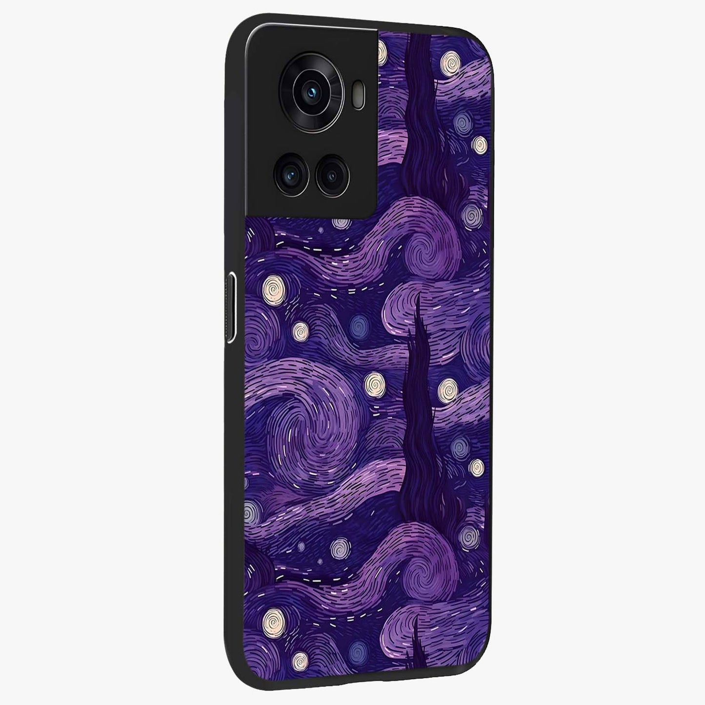 Purple Swirls Glass Case for 1+10R side perspective highlighting fluid textures and sleek premium build