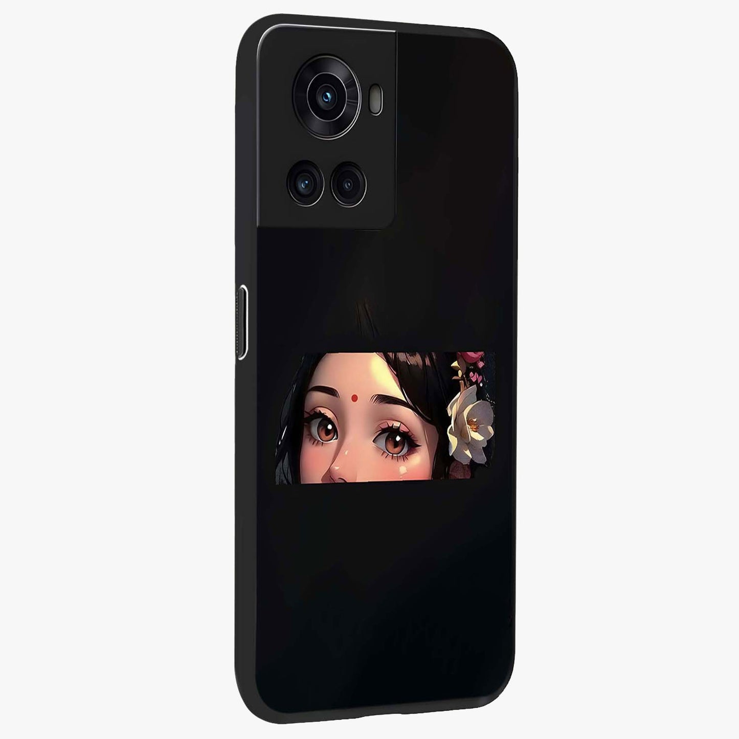 Radha Divine Embrace Glass Case for 1+10R side perspective highlighting intricate divine detailing and premium edges