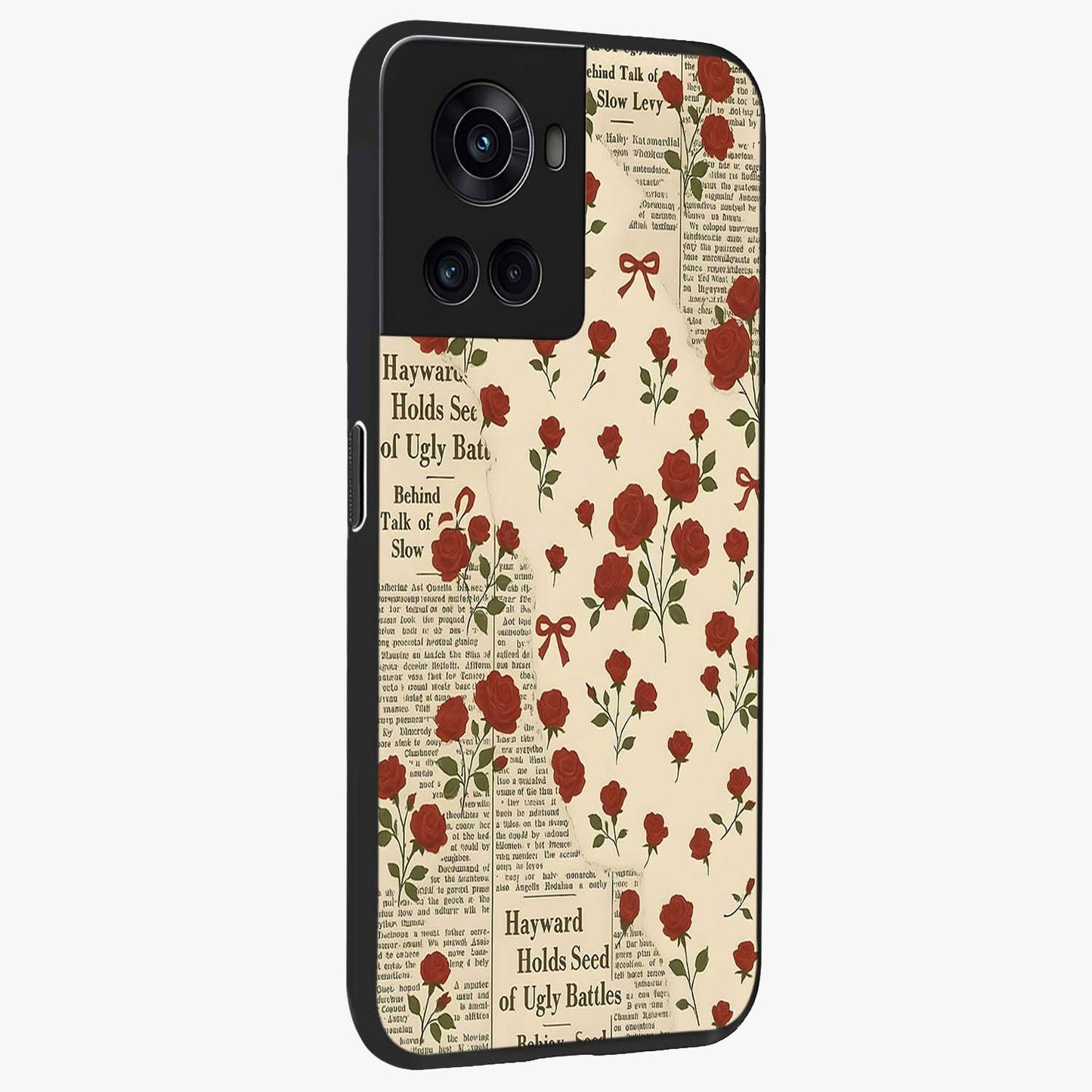 Retro Rose Journal Glass Case for 1+10R side perspective highlighting delicate floral textures and premium edges