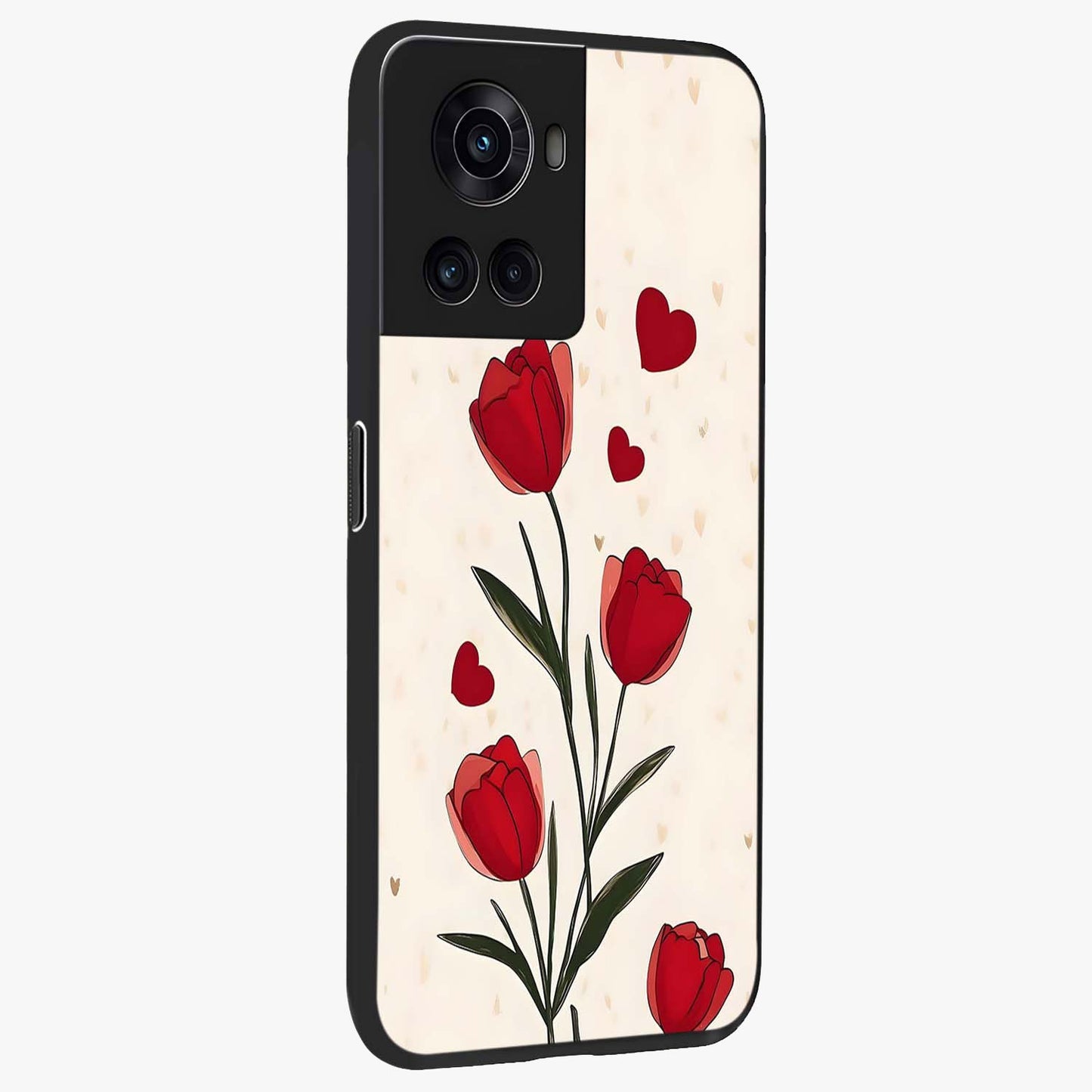 Romantic Tulip Hearts Glass Case for 1+10R side perspective highlighting delicate bloom textures and premium edges