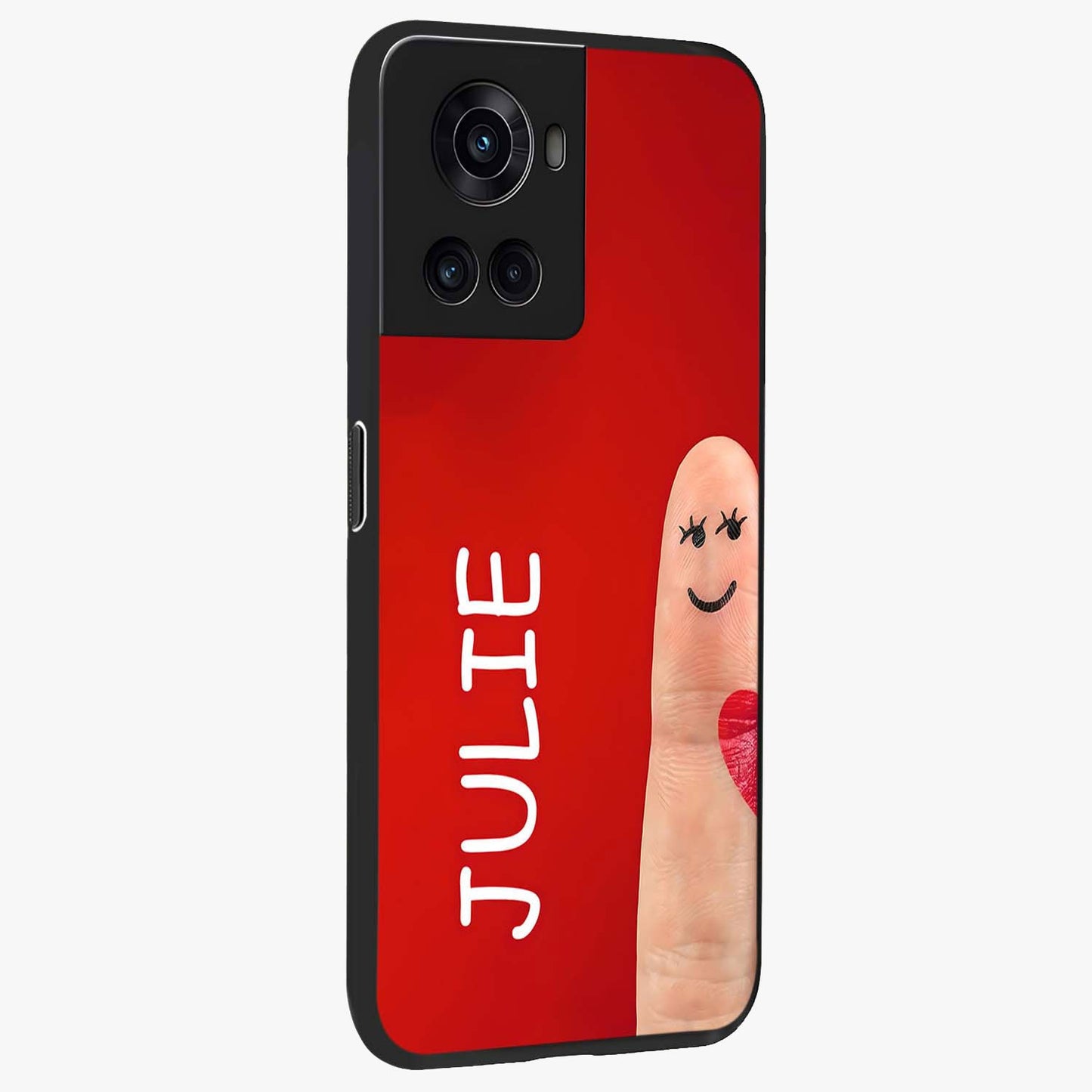 Smiling Love Sign Glass Case for 1+10R side perspective highlighting playful textures and premium edges