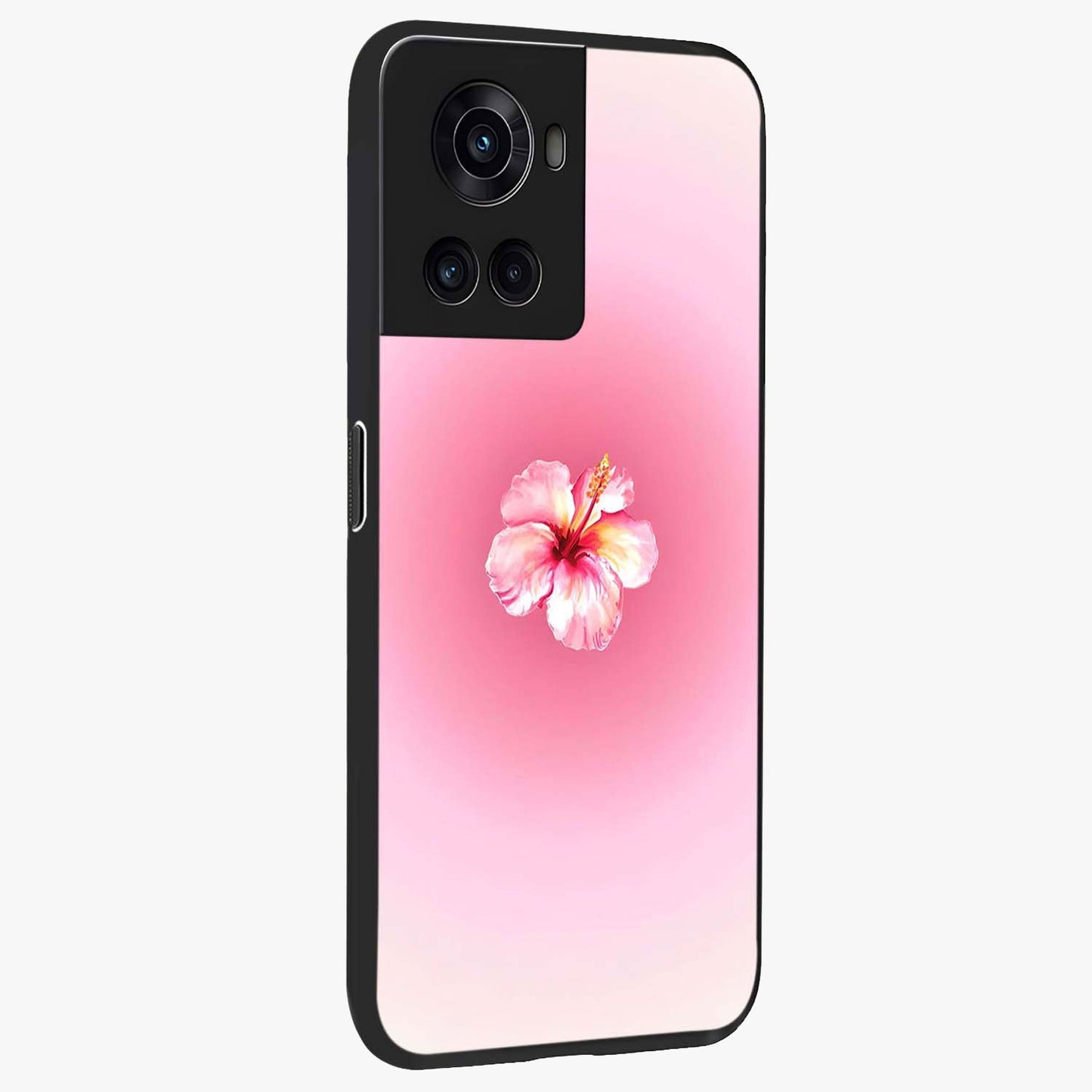 Soft Petal Serenity Glass Case for 1+10R side perspective highlighting refined petal textures and premium edges