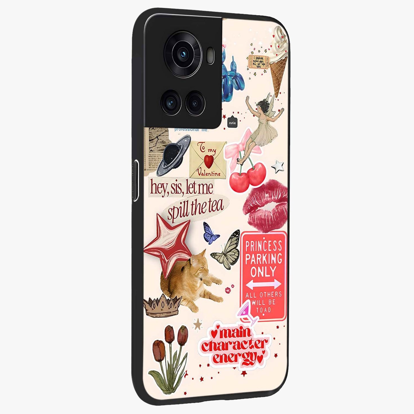 Spill the Tea Retro Collage Glass Case for 1+10R side perspective highlighting layered textures and sleek build