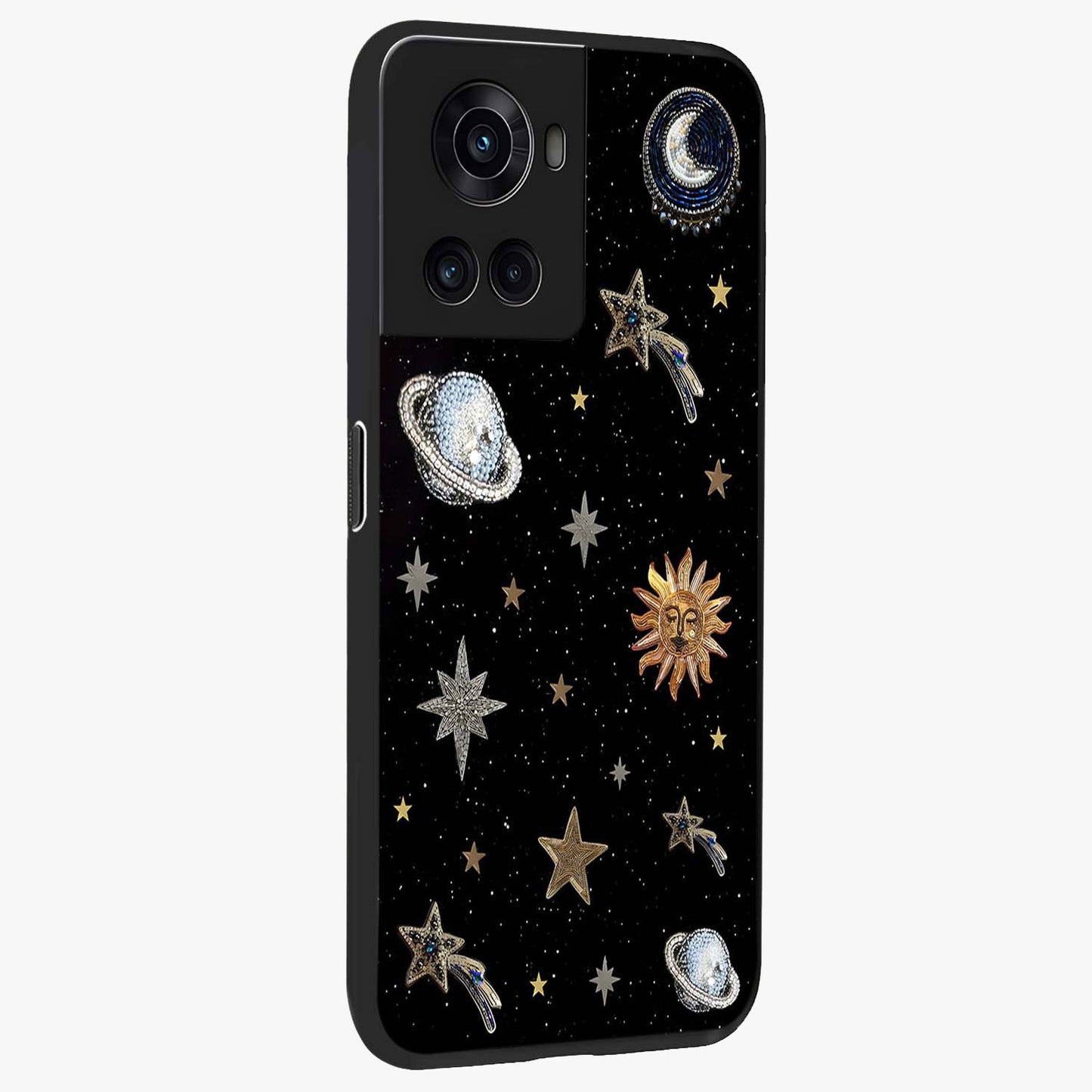 Stars and Planets Brooches Glass Case for 1+10R side perspective highlighting intricate planetary textures and sleek build