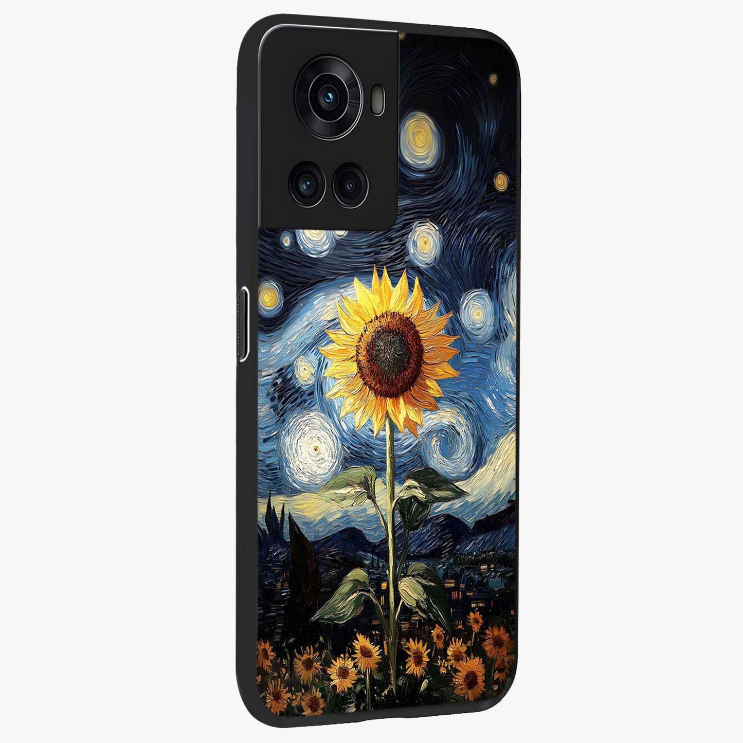 Van Gogh Sunflower Glass Case for 1+10R side perspective highlighting textured brushstroke details and premium edges