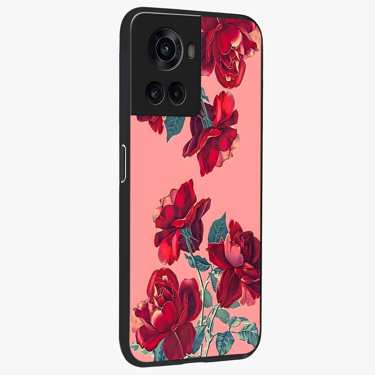 Vintage Rose Beauty Glass Case for 1+10R side perspective highlighting refined floral textures and smooth premium build