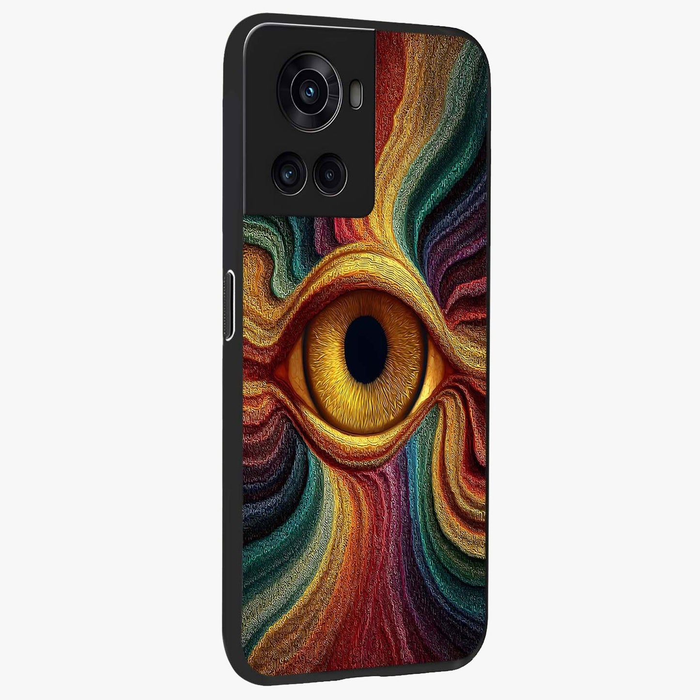Visionary Flame Core Glass Case for 1+10R side perspective highlighting dynamic textures and sleek premium build