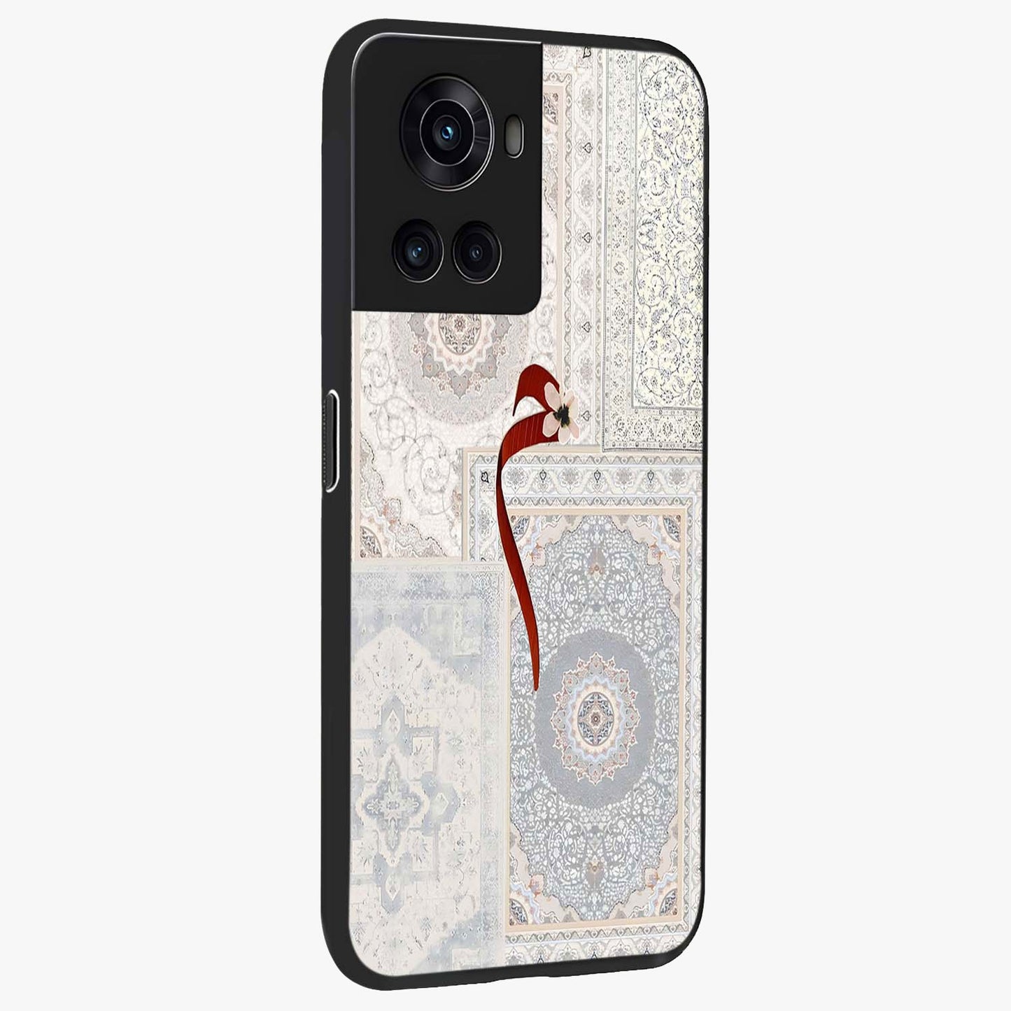 White Aesthetic Bow Glass Case for 1+10R side perspective highlighting subtle textures and smooth premium build