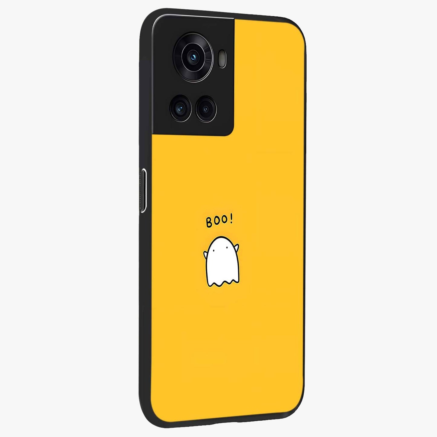 Yellow Boo Ghost Glass Case for 1+10R side perspective highlighting lively textures and premium edges
